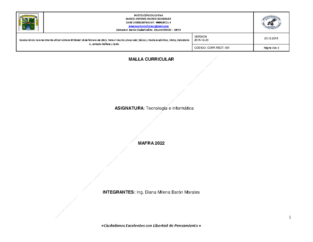 Malla Curricular Tecnologia 2022 INSTITUCI N EDUCATIVA MARCO ANTONIO 