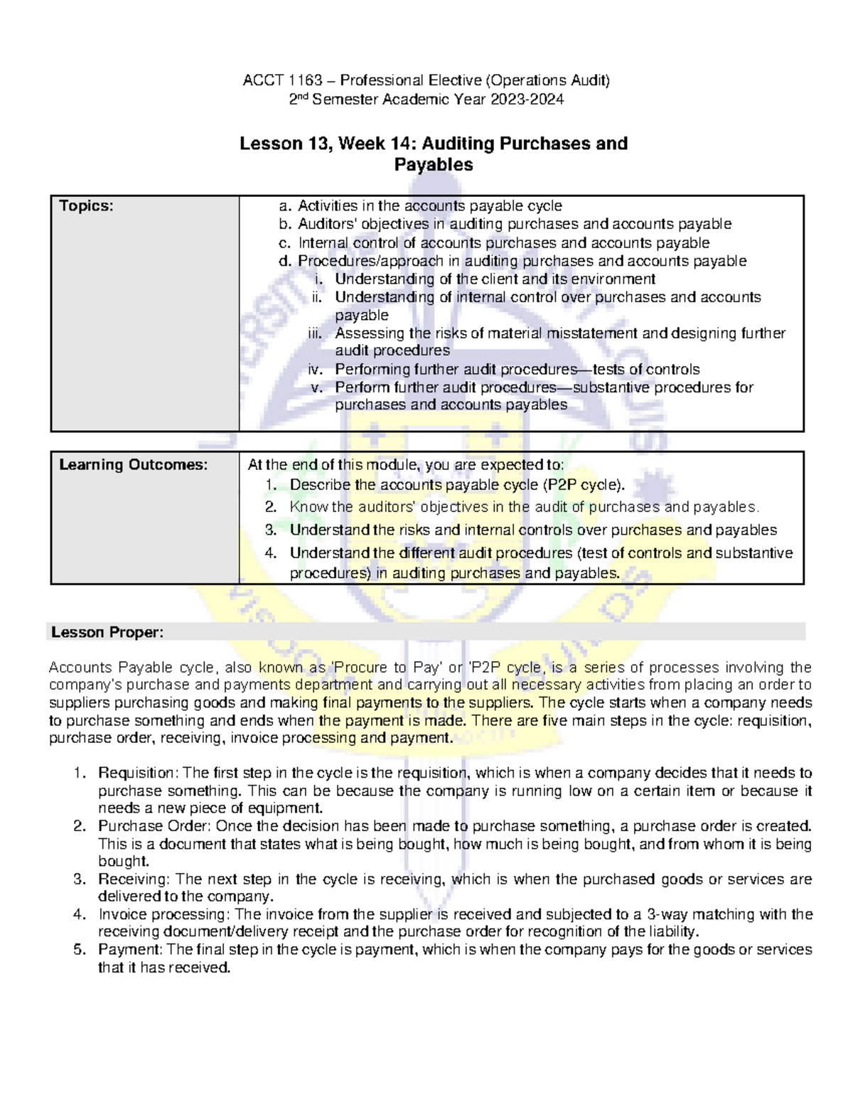 Auditing Purchases and Payables - ACCT 1163 – Professional Elective ...