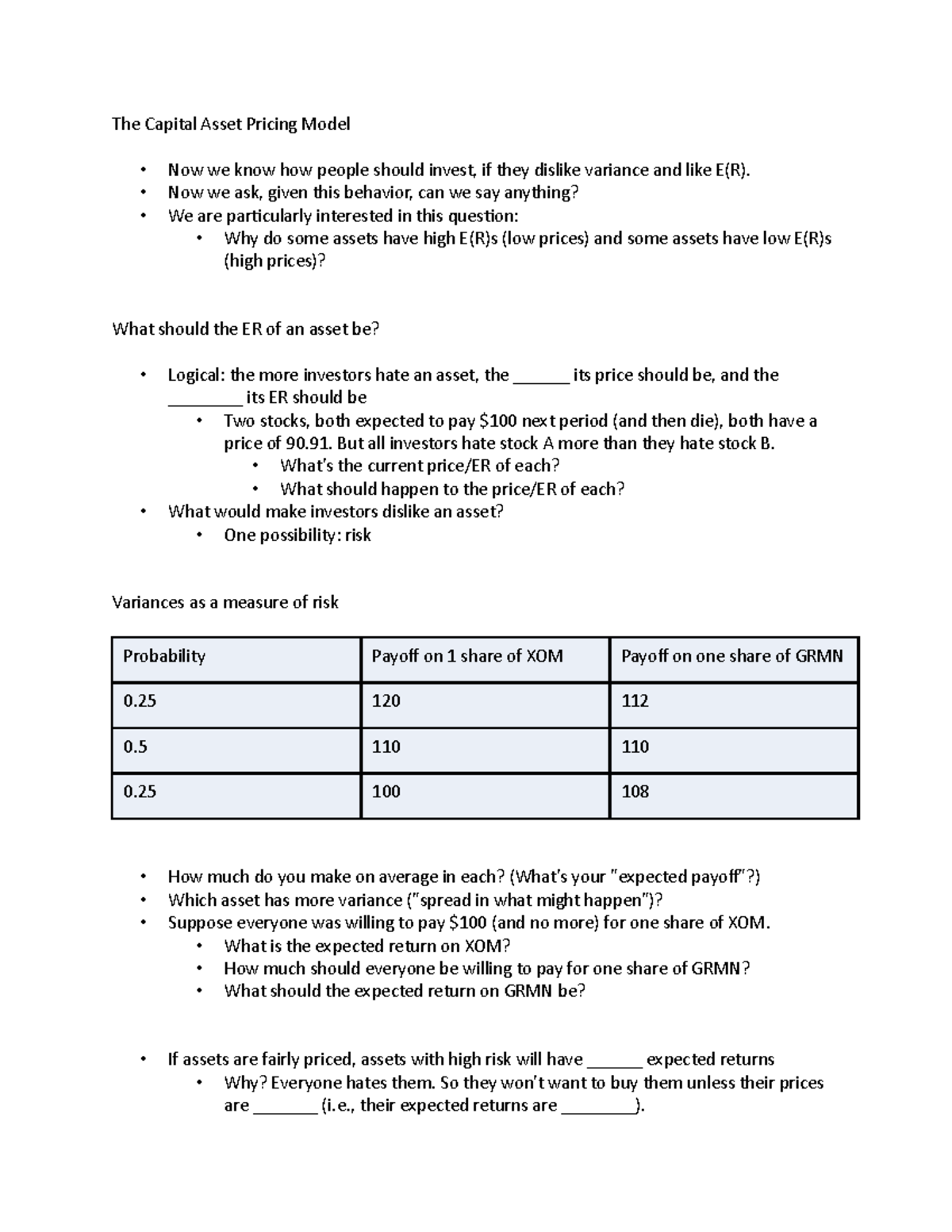 The Capital Asset Pricing Model - Now we ask, given this behavior, can ...