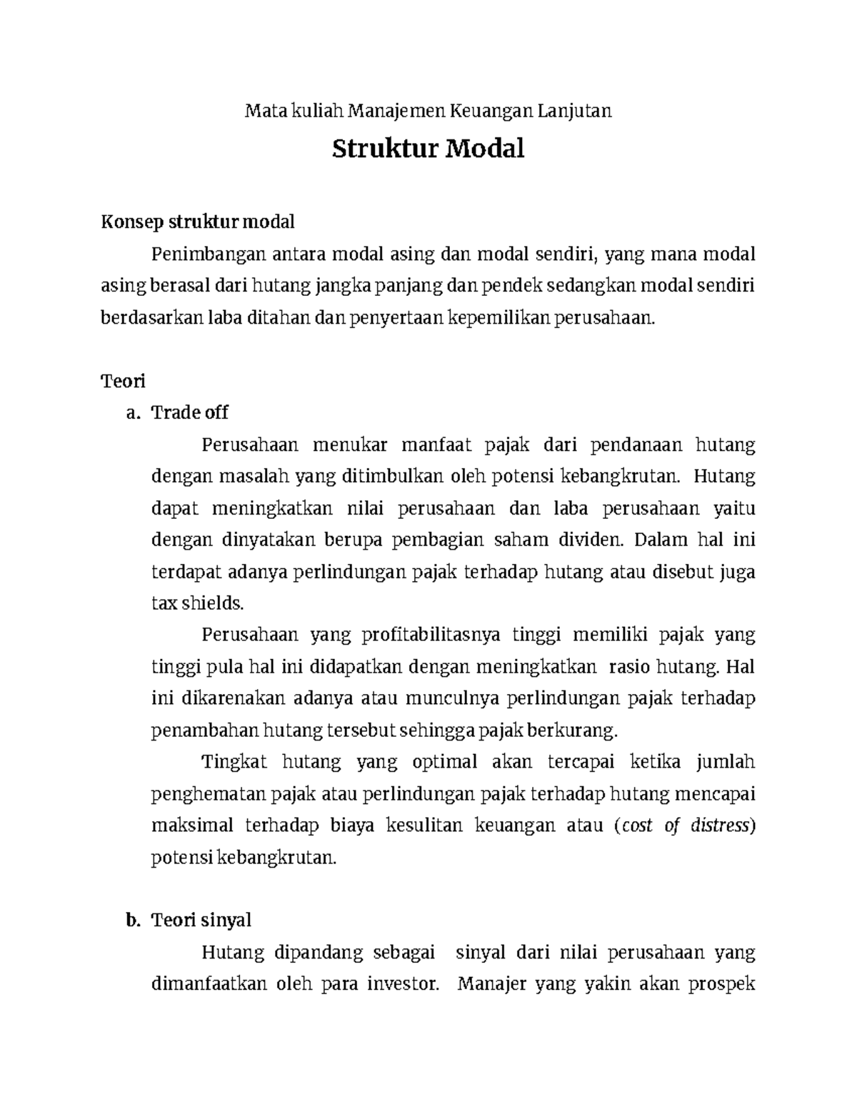 Struktur Modal - Mata Kuliah Manajemen Keuangan Lanjutan - Mata Kuliah ...