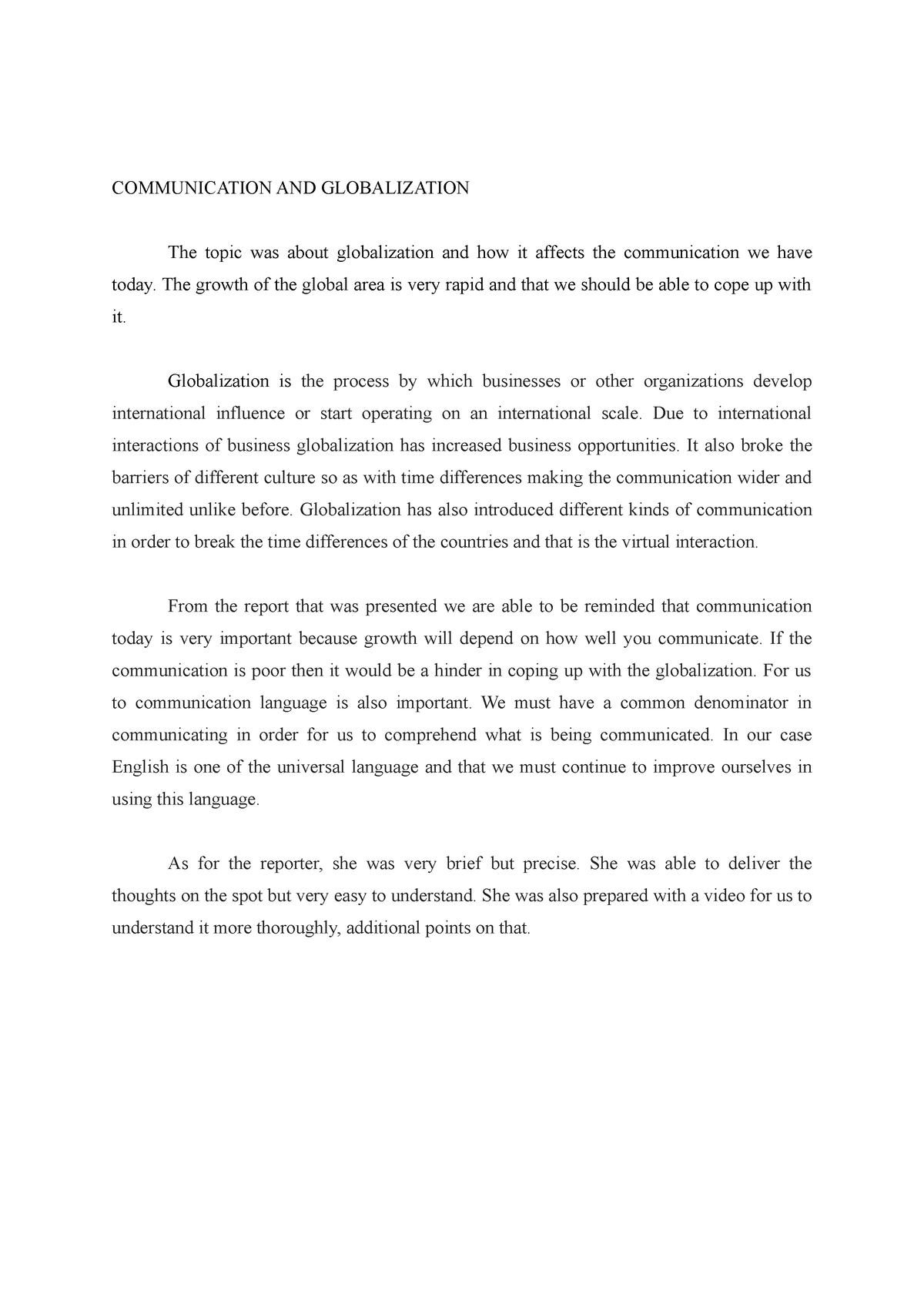 essay about communication and globalization