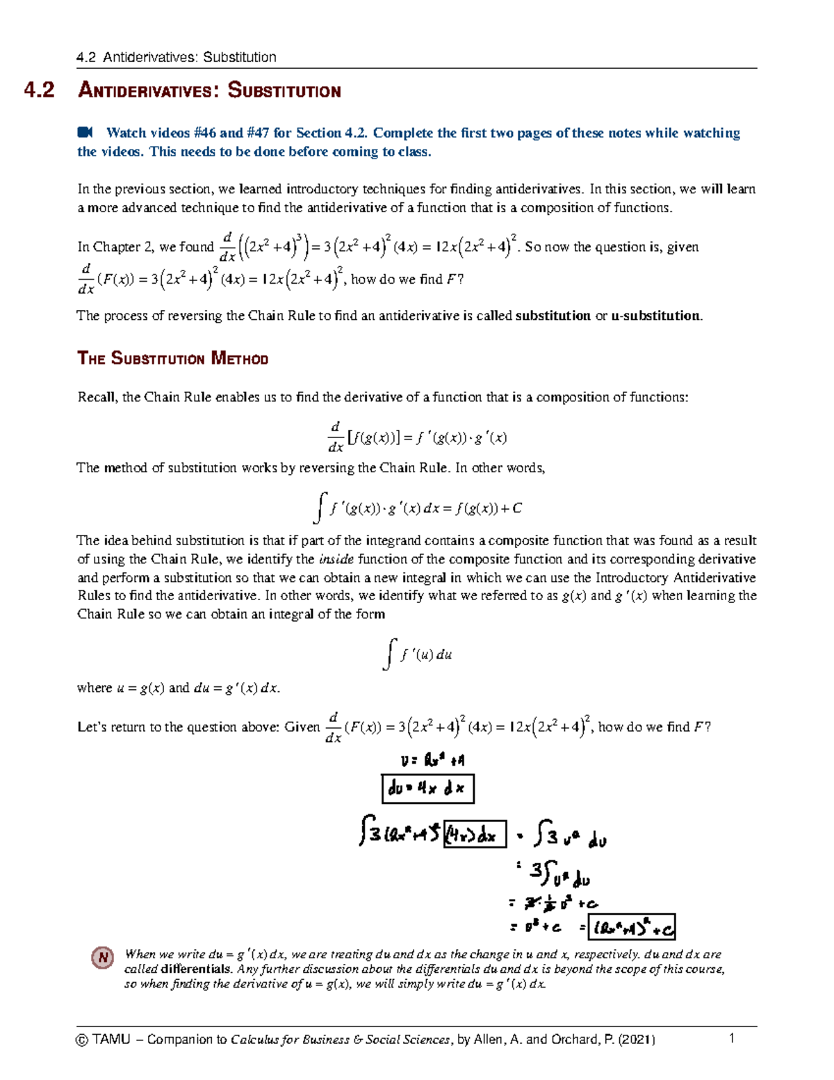 4.2 Notes 2 - 4 Antiderivatives: Substitution ￿ Watch Videos #46 And ...