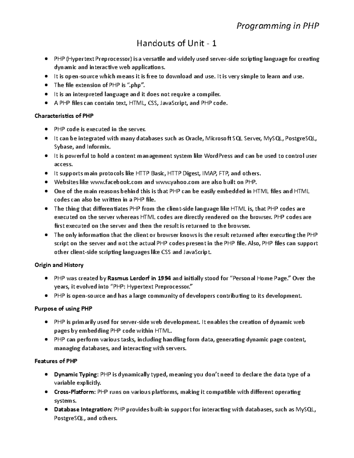 Unit-1, Notes - Programming in PHP Handouts of Unit - 1 PHP (Hypertext ...