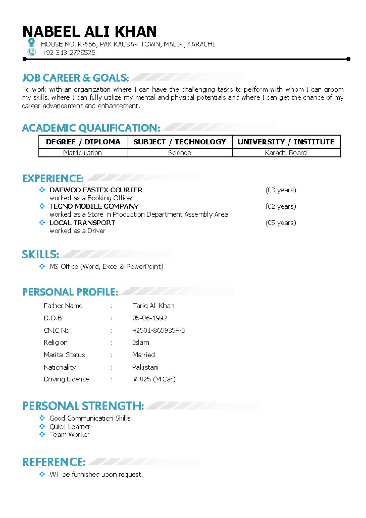 Nabeel Cv-1 - importent notes - NABEEL ALI KHAN HOUSE NO. R-656, PAK ...