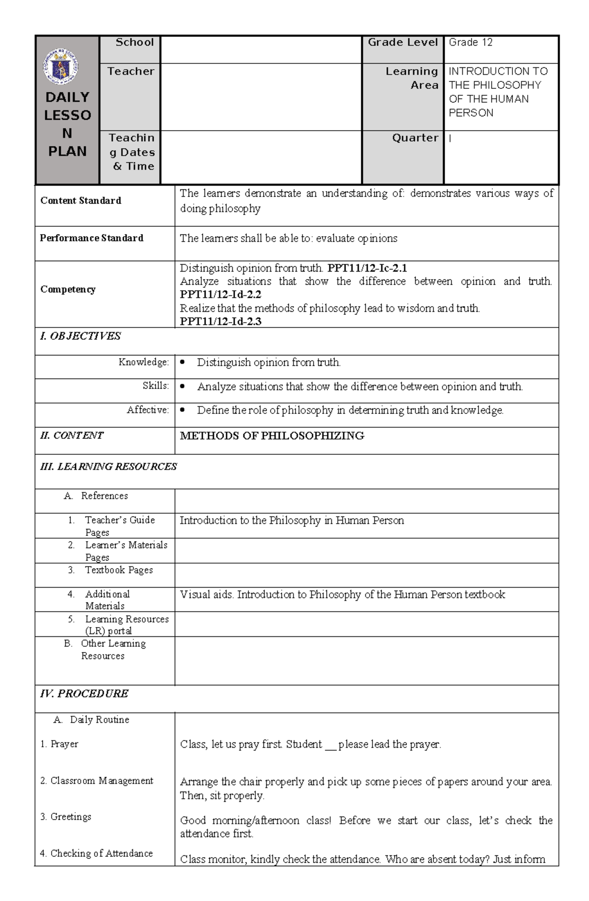 DLP Intro TO Philo 3 - DAILY LESSO N PLAN School Grade Level Grade 12 ...