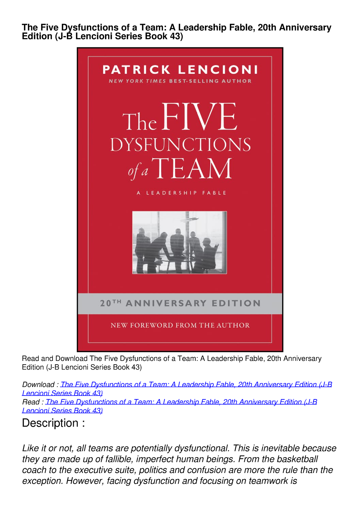 [READ DOWNLOAD] The Five Dysfunctions Of A Team: A Leadership Fable ...