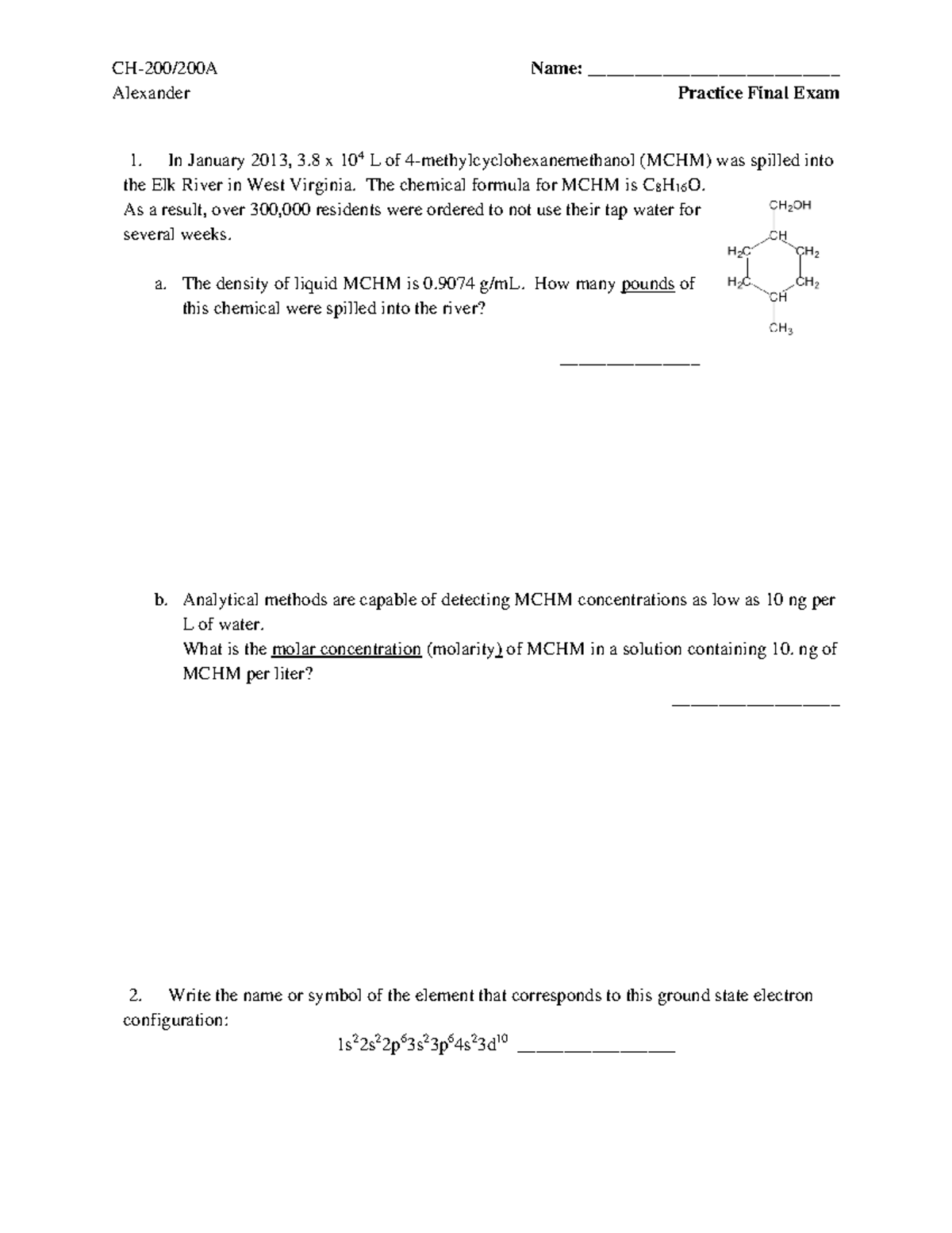 Practice Final Exam - Chemistry 1 - CH-200/200A Name ...