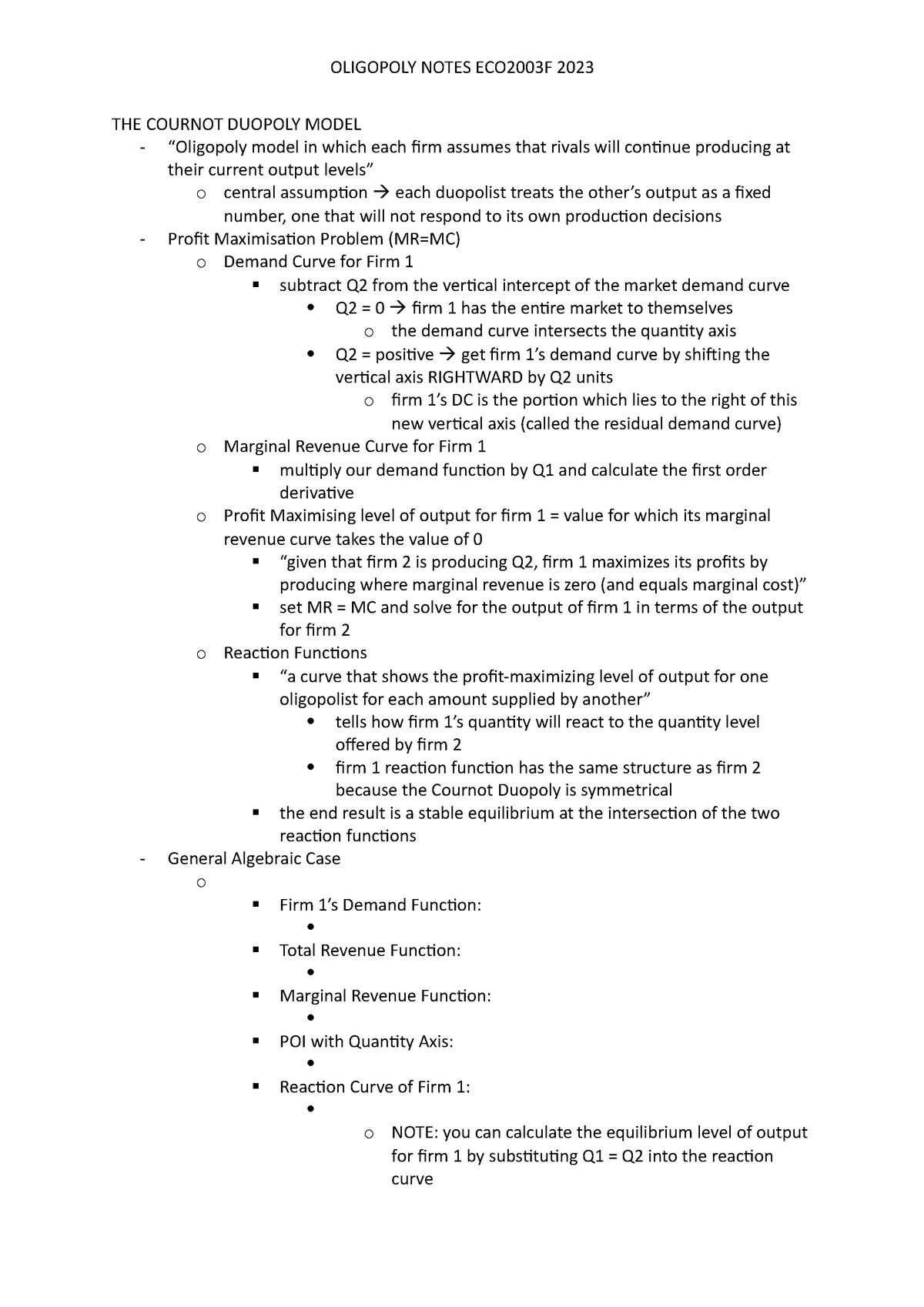 Oligopoly - chapter summary on oligopolies - THE COURNOT DUOPOLY MODEL ...