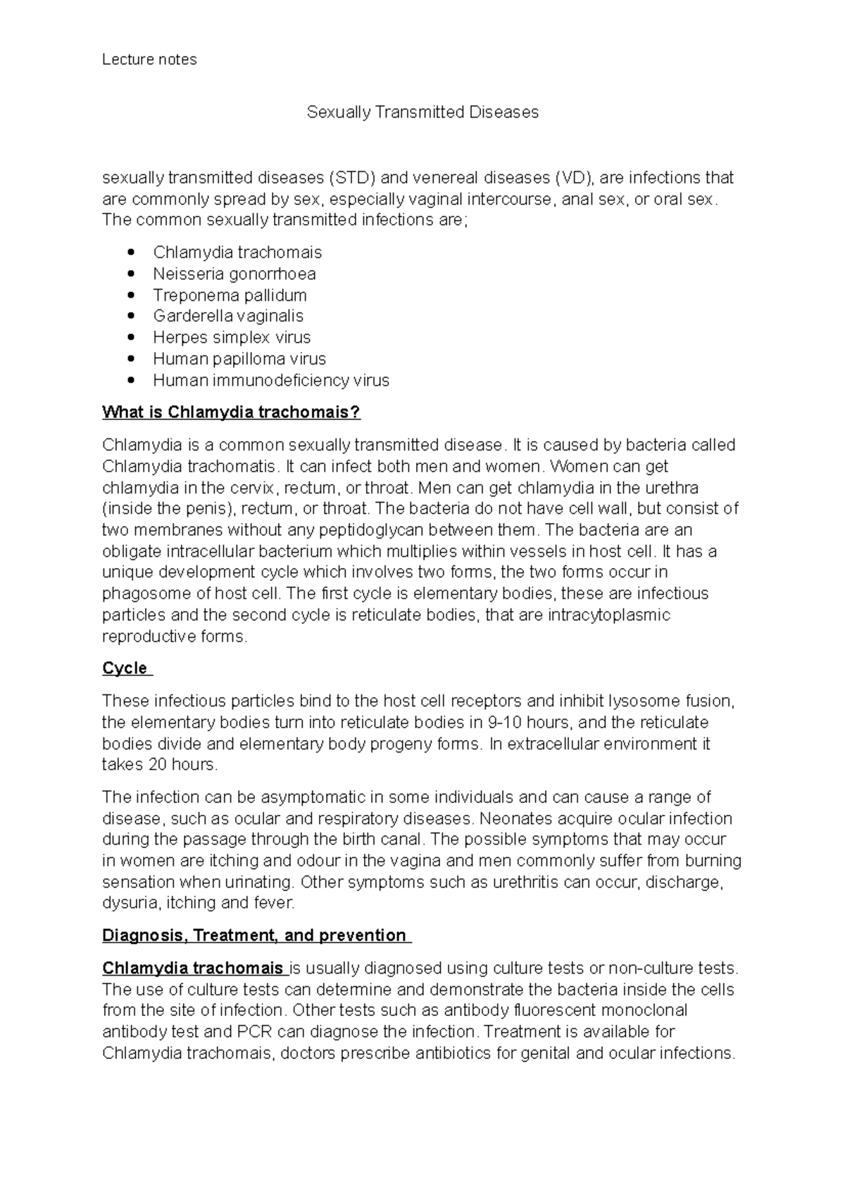 Sexually Transmitted Diseases Notes Lecture Notes Sexually