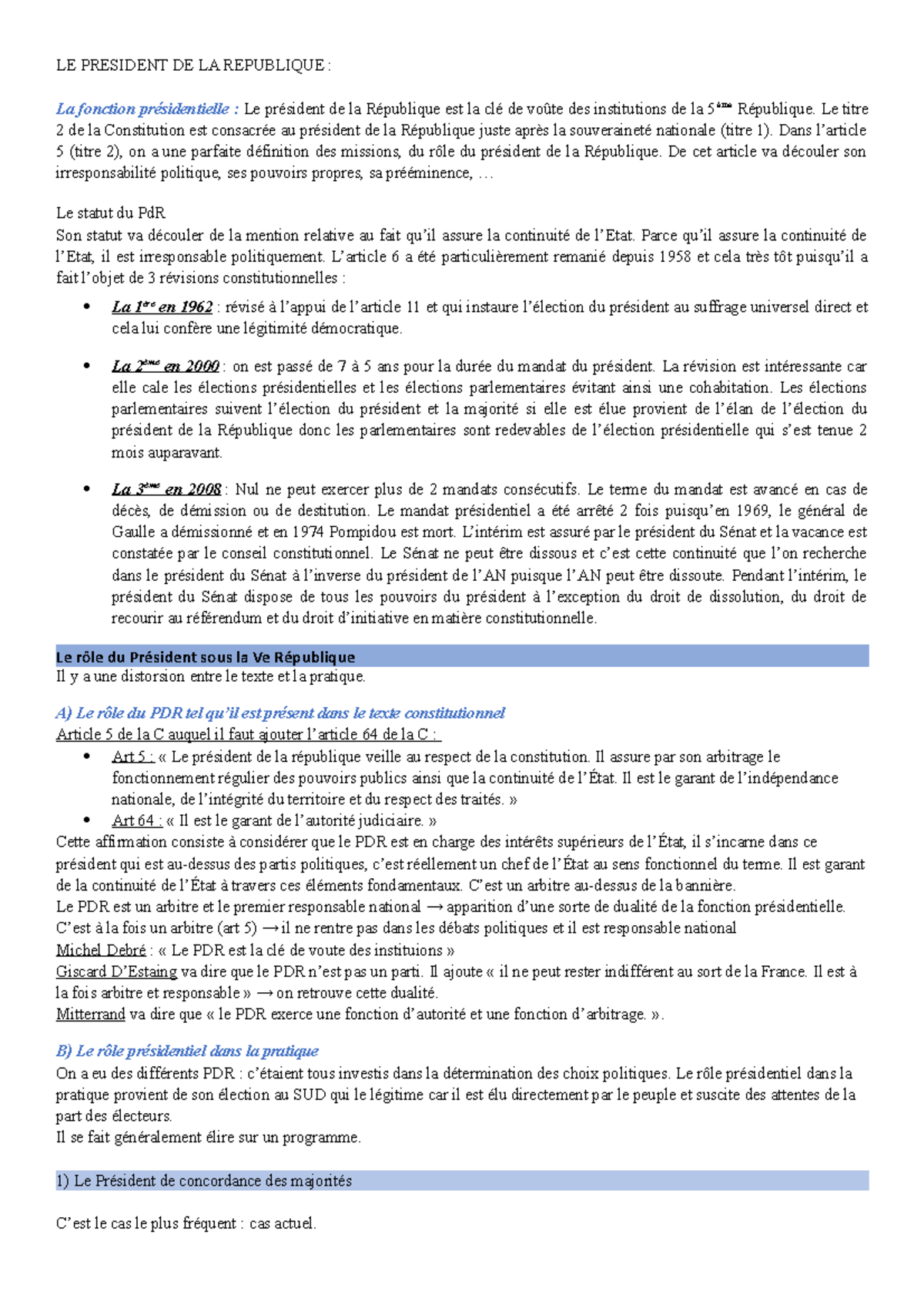 Fiche - Pd R - LE PRESIDENT DE LA REPUBLIQUE : La fonction ...