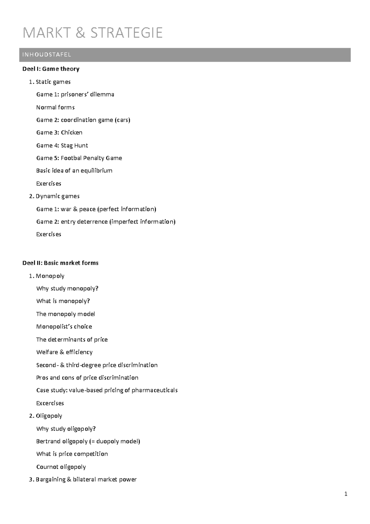 Markt En Strategie Samenvatting Markt Strategie Inhoudstafel Deel I Game Theory Static