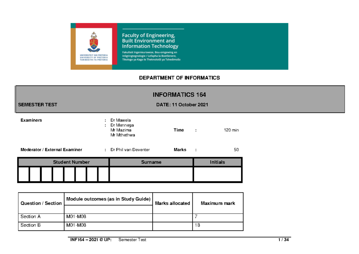INF164 2021 Semester test memo v4 - DEPARTMENT OF INFORMATICS ...