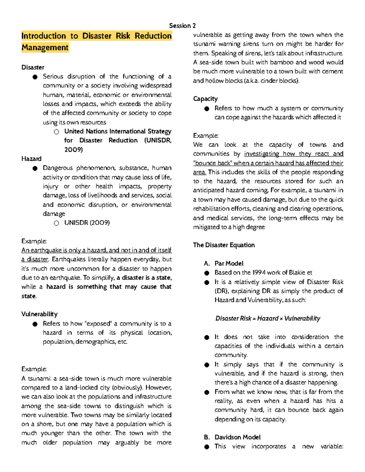 Session 2 - Notes - Session 2 Introduction to Disaster Risk Reduction ...