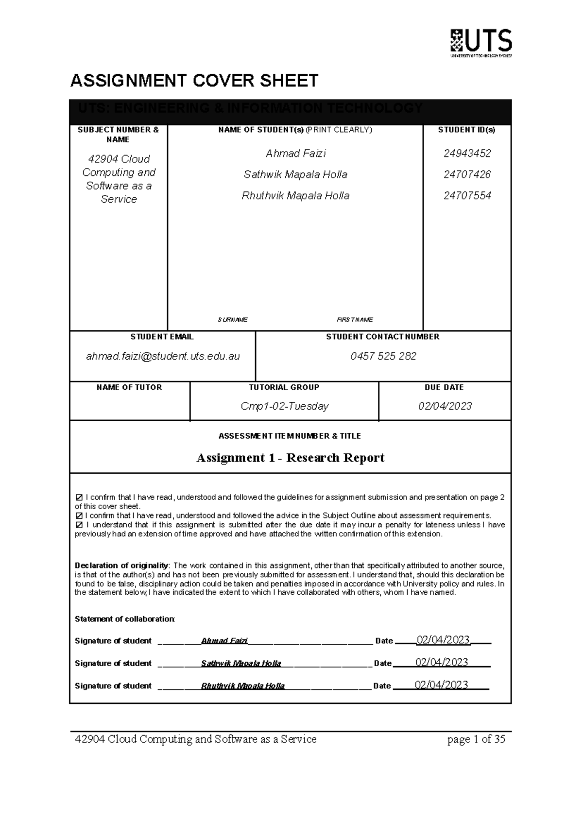 (42904) Assignment 1 - Research Report - ASSIGNMENT COVER SHEET UTS ...