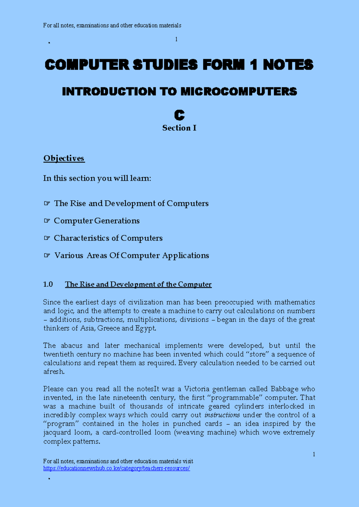 Computer Notes - 1 COMPUTER STUDIES FORM 1 NOTES INTRODUCTION TO ...