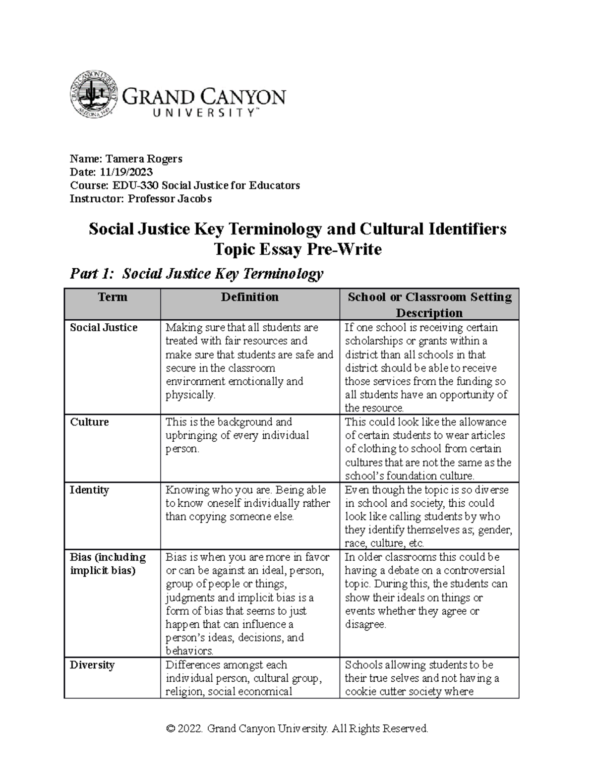 (Tamera Rogers) Social Justice Terminology and Cultural Identifiers ...