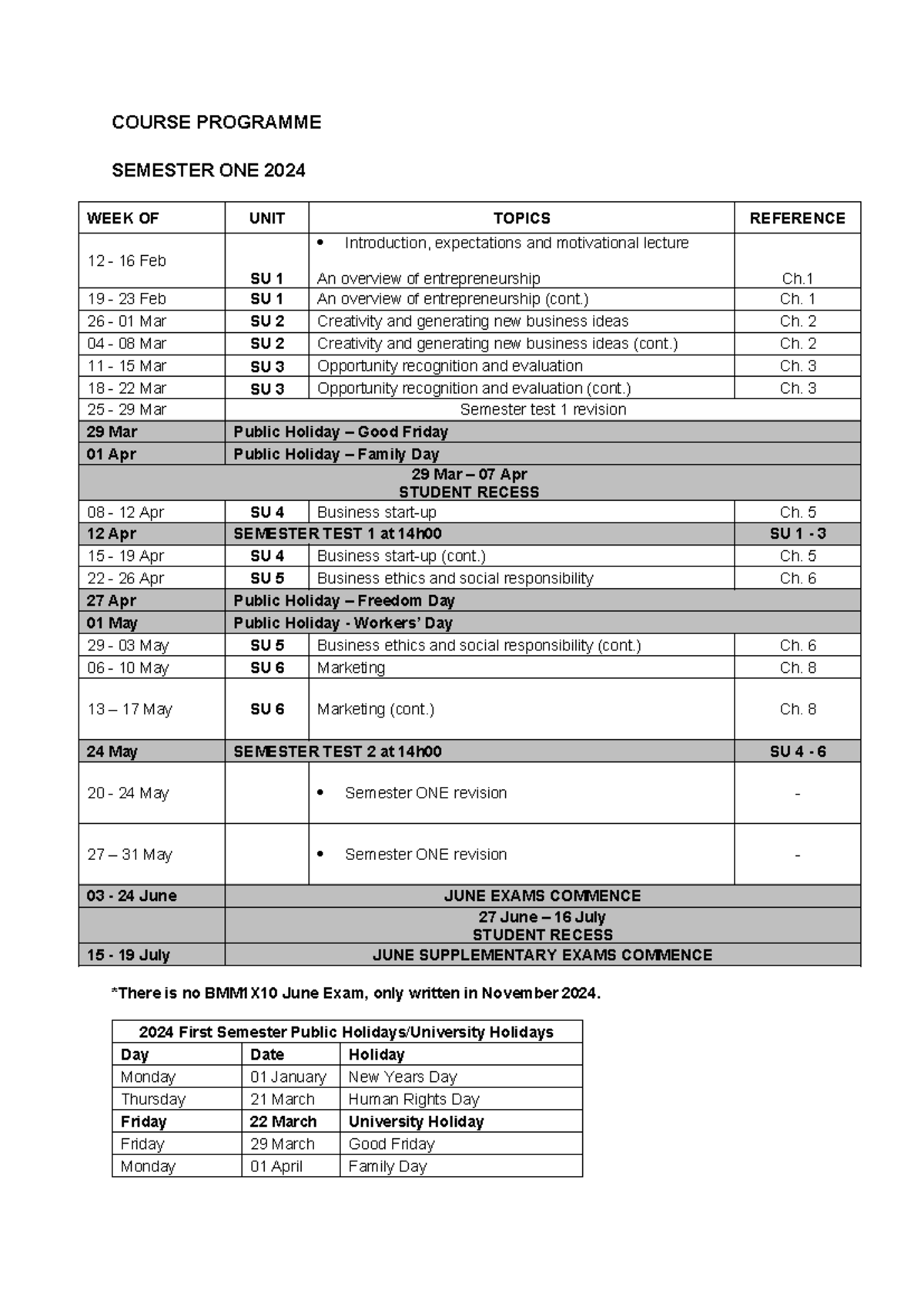 BMM1X10 Course schedule - 2024 - COURSE PROGRAMME SEMESTER ONE 2024 ...