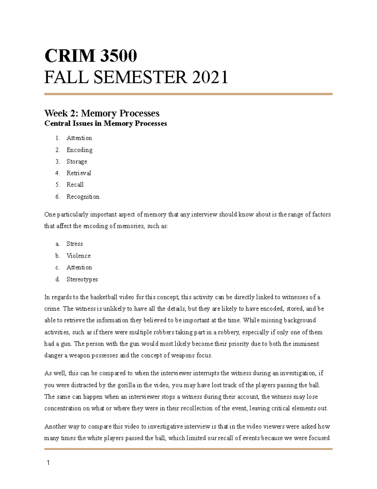 CRIM 3500 - Lecture Notes - CRIM 3500 FALL SEMESTER 2021 Week 2: Memory ...