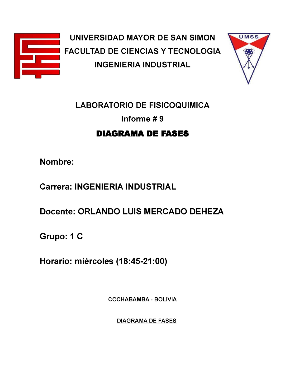 Informe # 9 - UNIVERSIDAD MAYOR DE SAN SIMON FACULTAD DE CIENCIAS Y ...