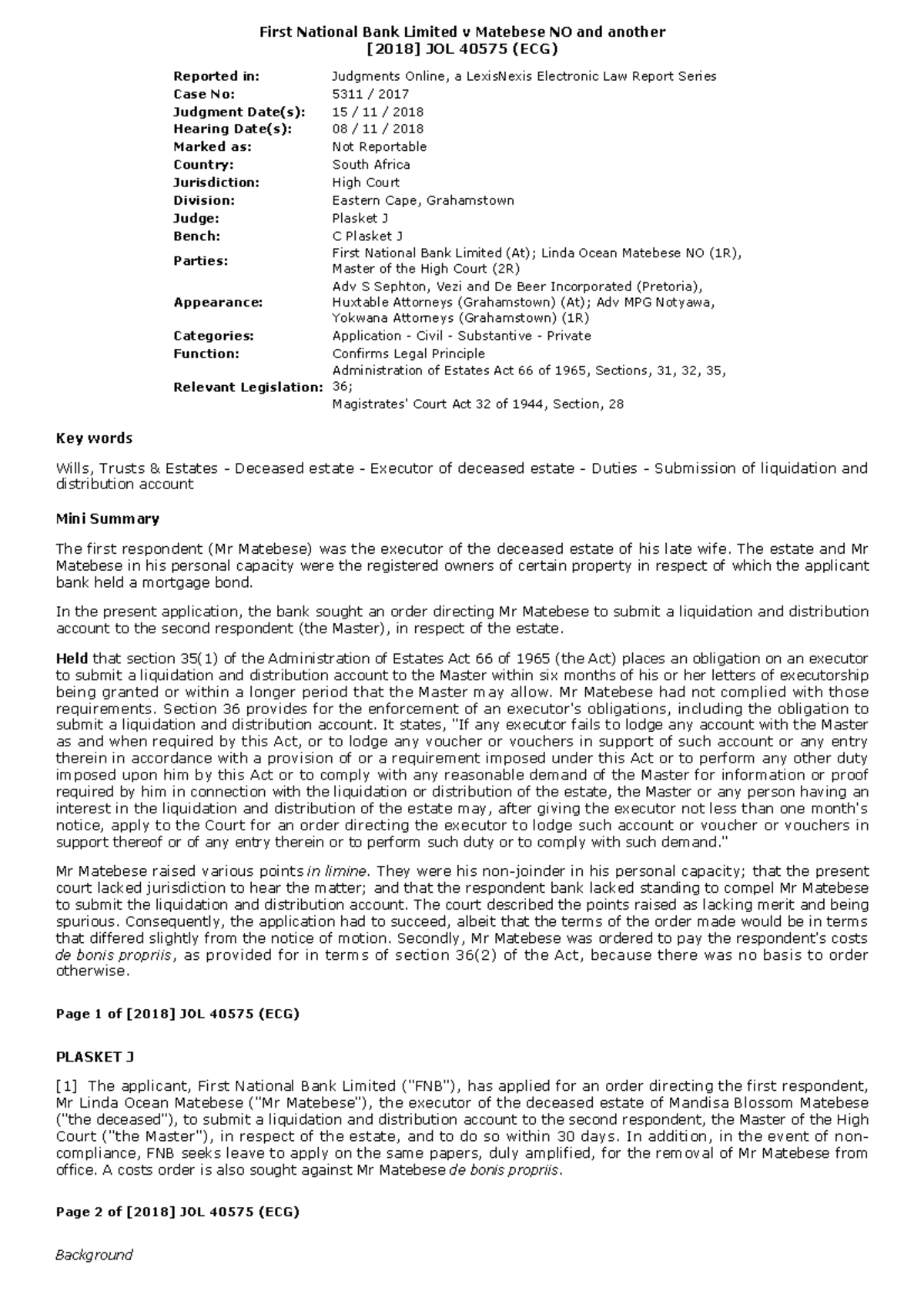 First National Bank Limited v Matebese NO and another [2018 ] JOL 40575 ...