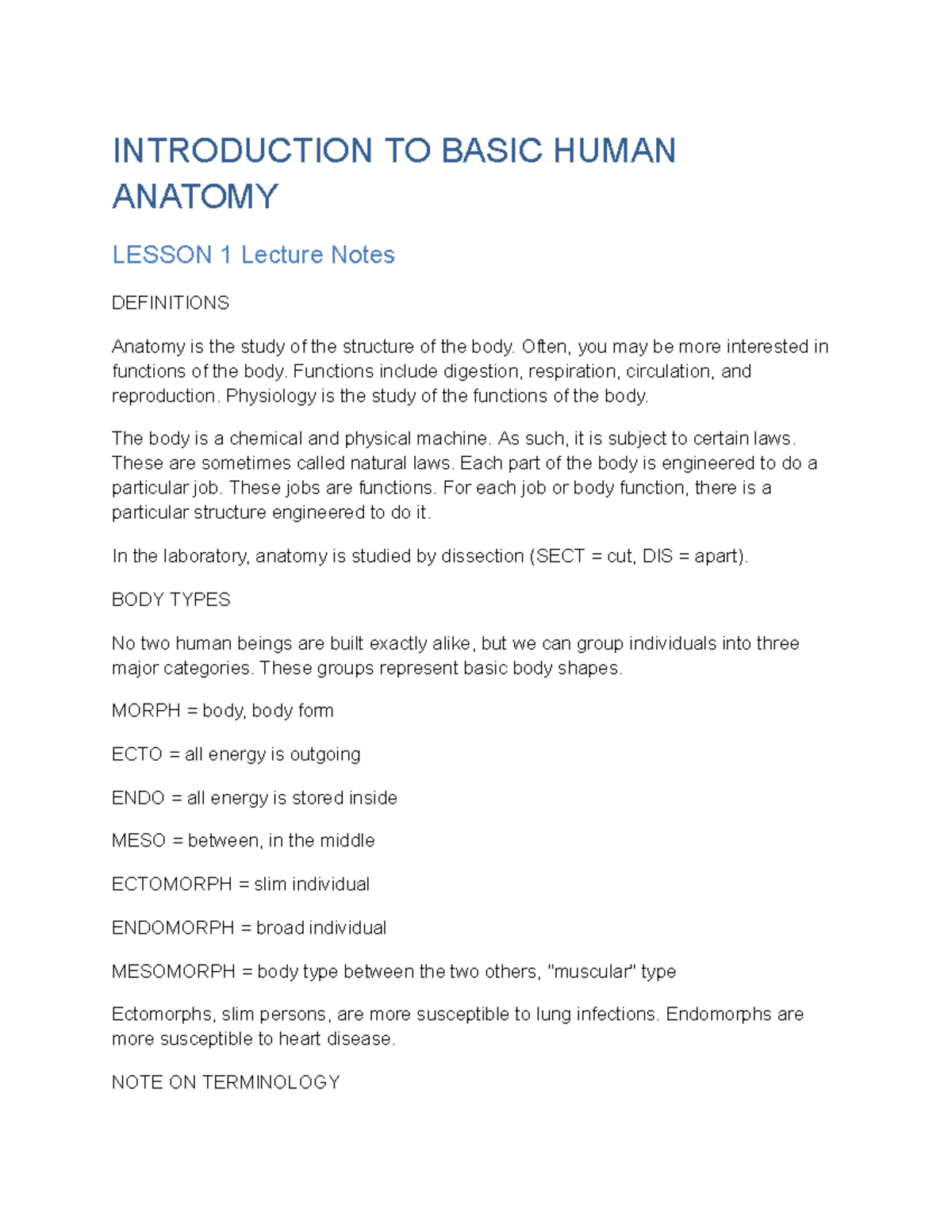 Basic Human Anatomy Notes 1 - INTRODUCTION TO BASIC HUMAN ANATOMY ...