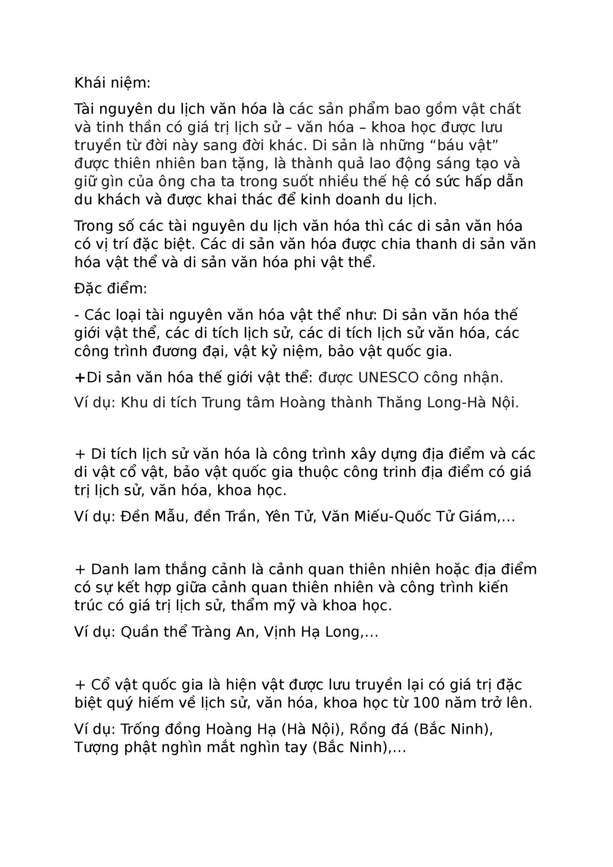 Khái niệm của cả bài, đặc điểm tài nguyên văn hóa vật thể - Khái niệm: Tài nguyên du lịch văn hóa là - Studocu