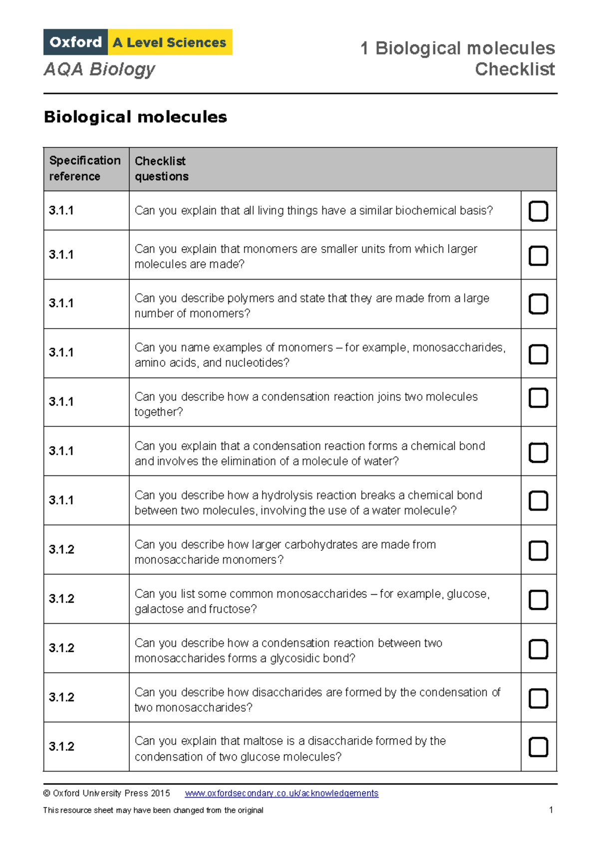 Oxo Abio Q Uu Ch Xxaann Aqa Biology Checklist Biological Molecules Specification Reference