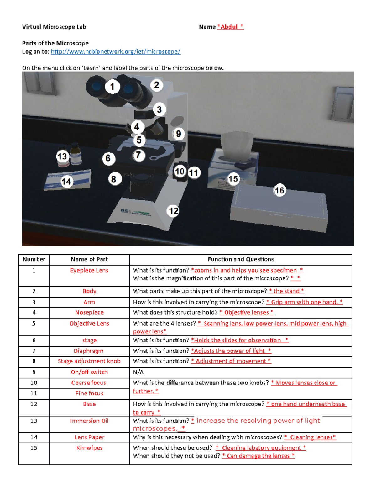 1Microscope web ws Notes to help you Virtual Microscope Lab Name