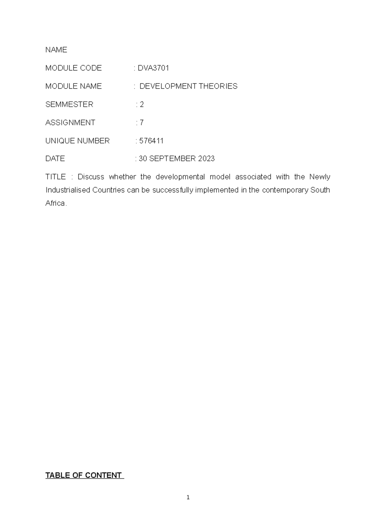 576411 - NAME MODULE CODE : DVA MODULE NAME : DEVELOPMENT THEORIES ...