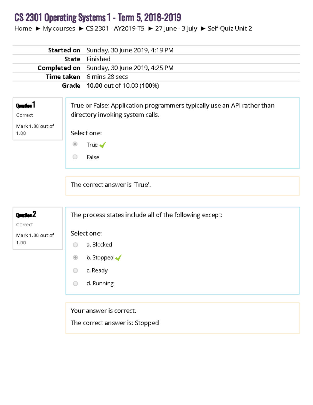 CS 2301 Self Quiz Unit 2 - CS 2301 - Home My Courses CS 2301 - AY2019 ...