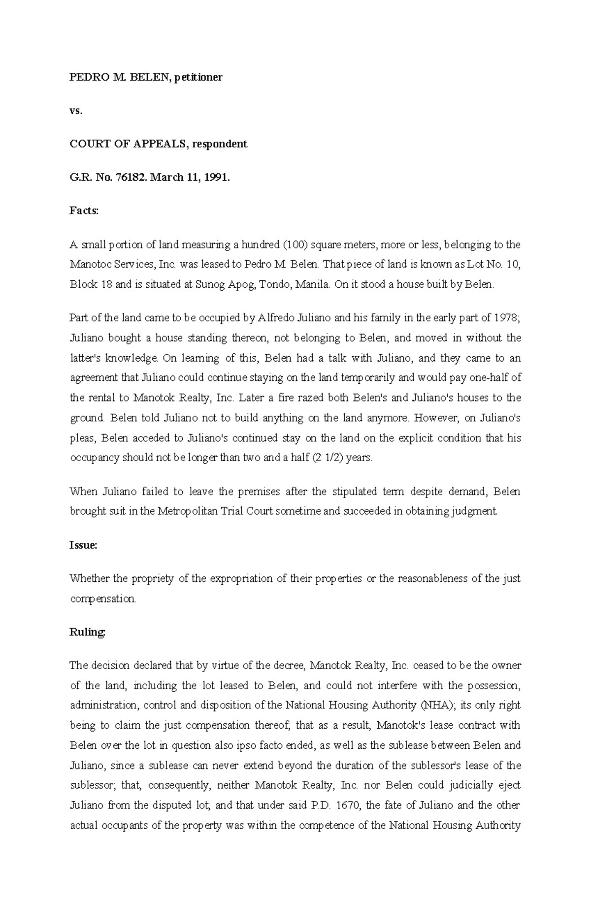 Belen v ca digest PEDRO M. BELEN, petitioner vs. COURT OF APPEALS
