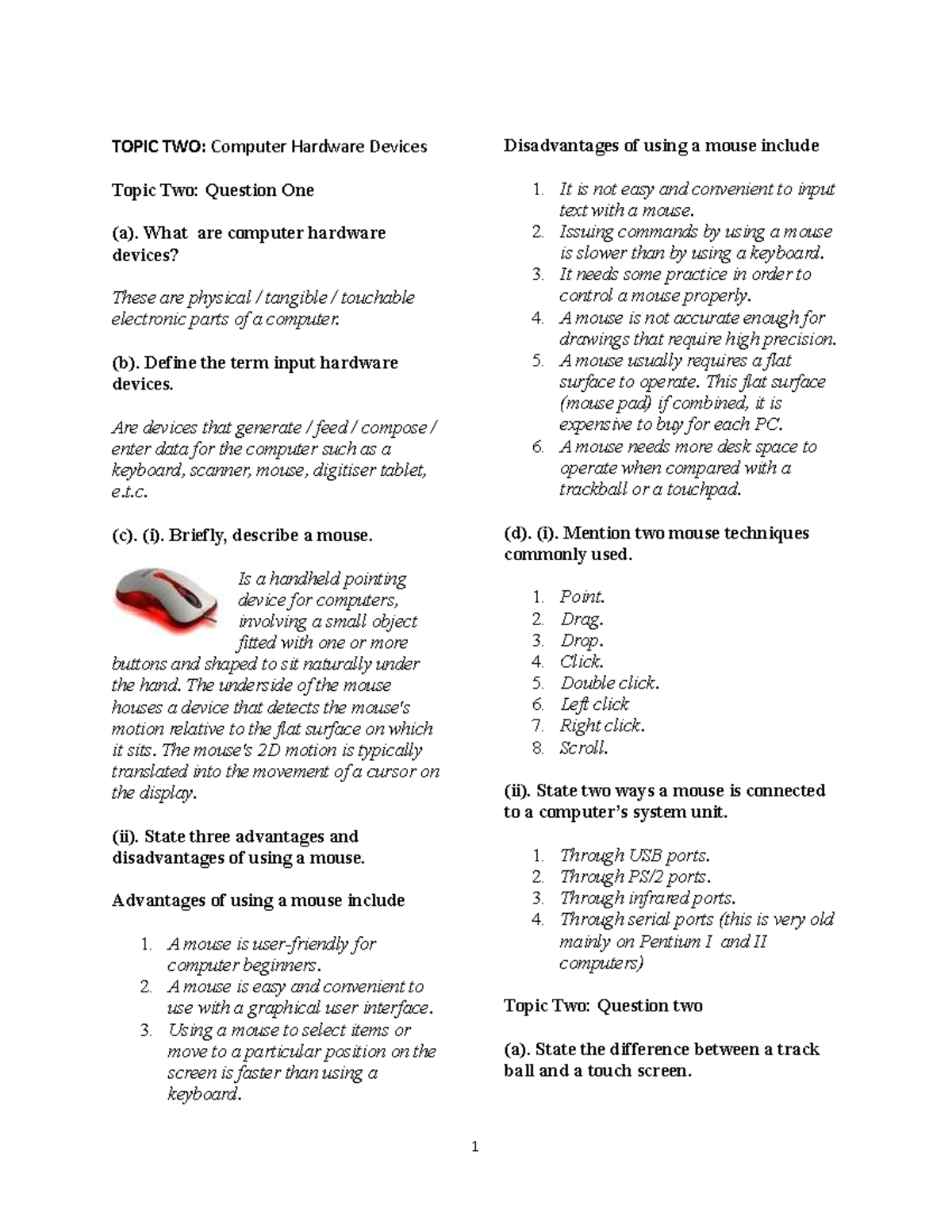 Answers On Topic 2 - but - TOPIC TWO: Computer Hardware Devices Topic ...