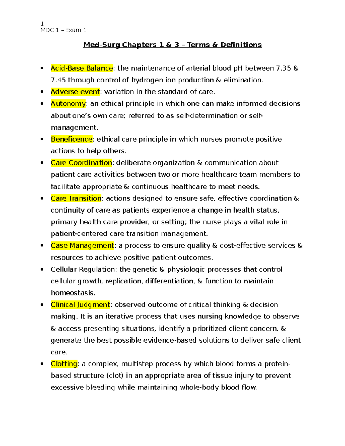 Exam 1 Terms And Definitions - MDC 1 – Exam 1 Med-Surg Chapters 1 & 3 ...