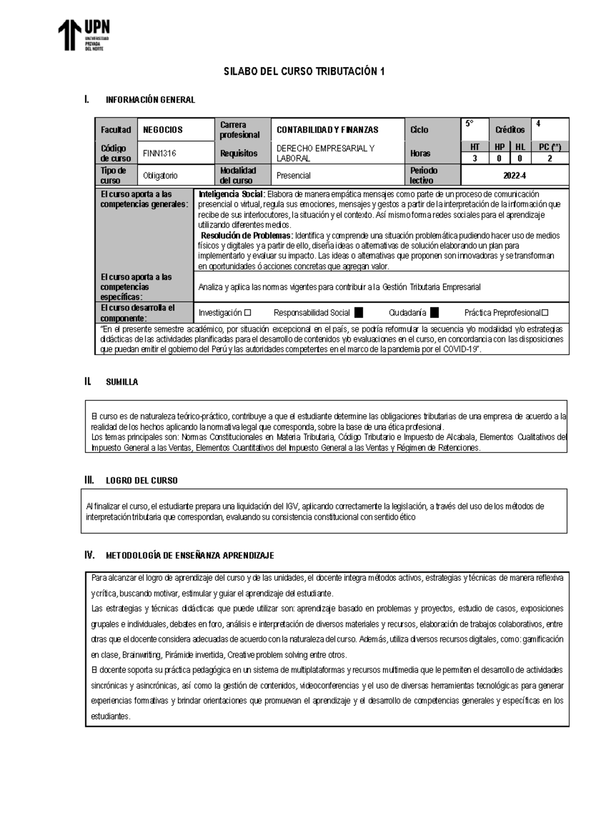 Silabo Tributacion 1 - Iiiijg - I. INFORMACI”N GENERAL SILABO DEL CURSO ...