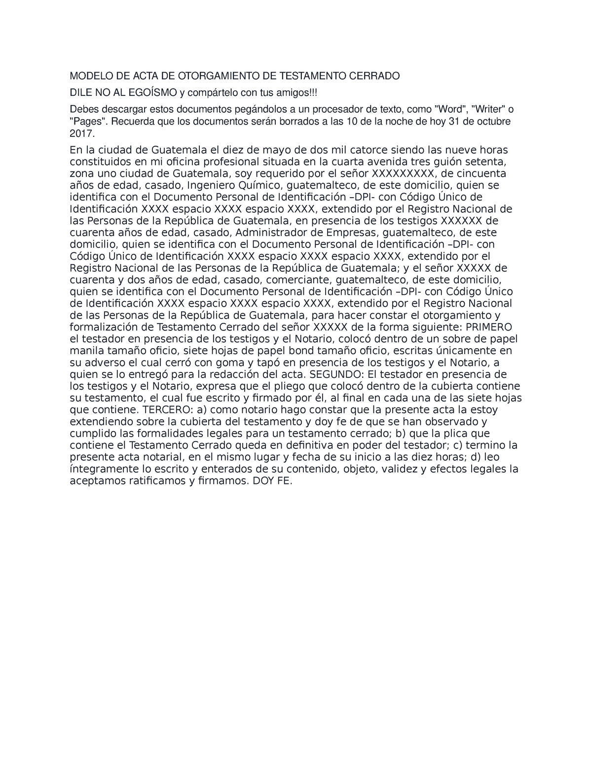 Modelo DE ACTA DE Otorgamiento DE Testamento Cerrado - MODELO DE ACTA DE  OTORGAMIENTO DE TESTAMENTO - Studocu