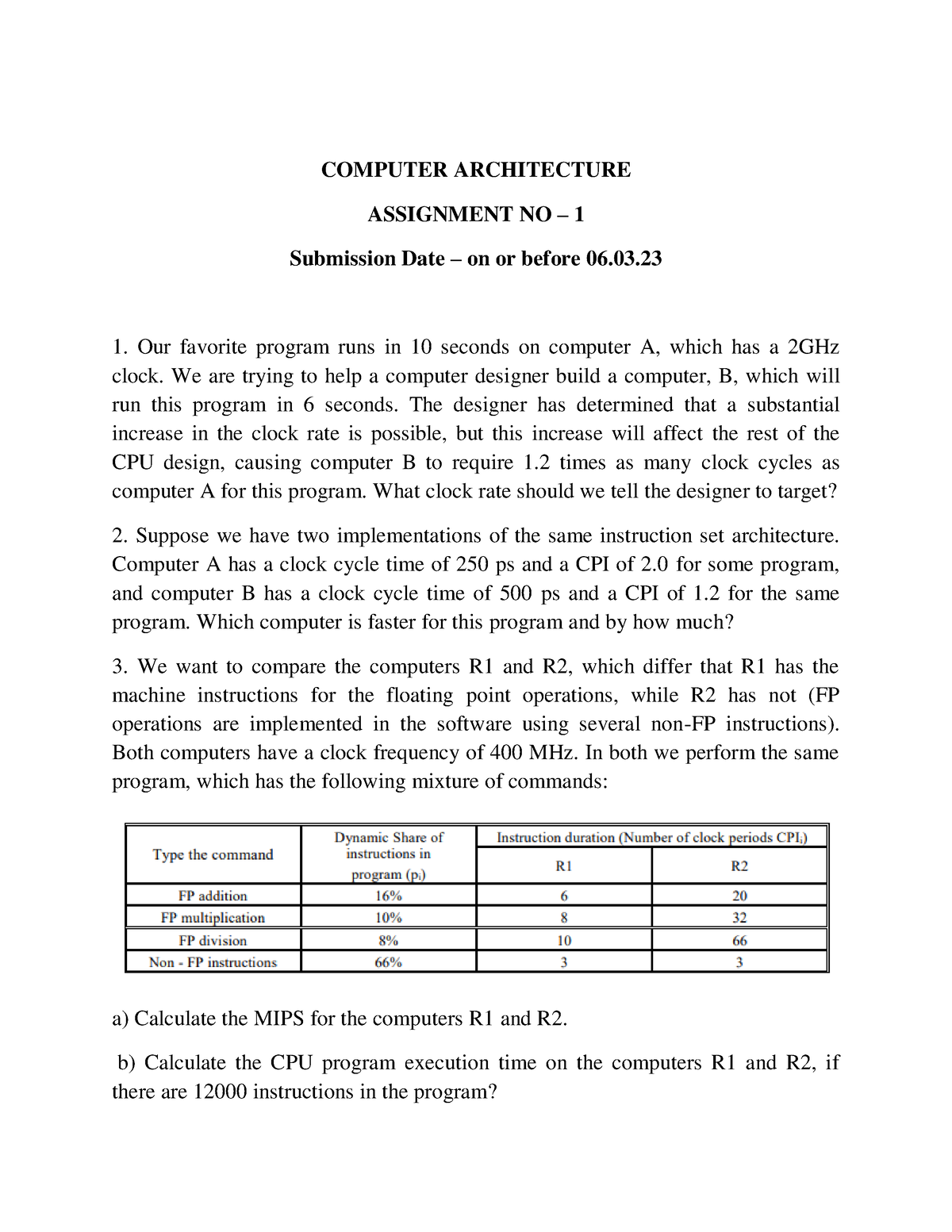 computer architecture assignment questions