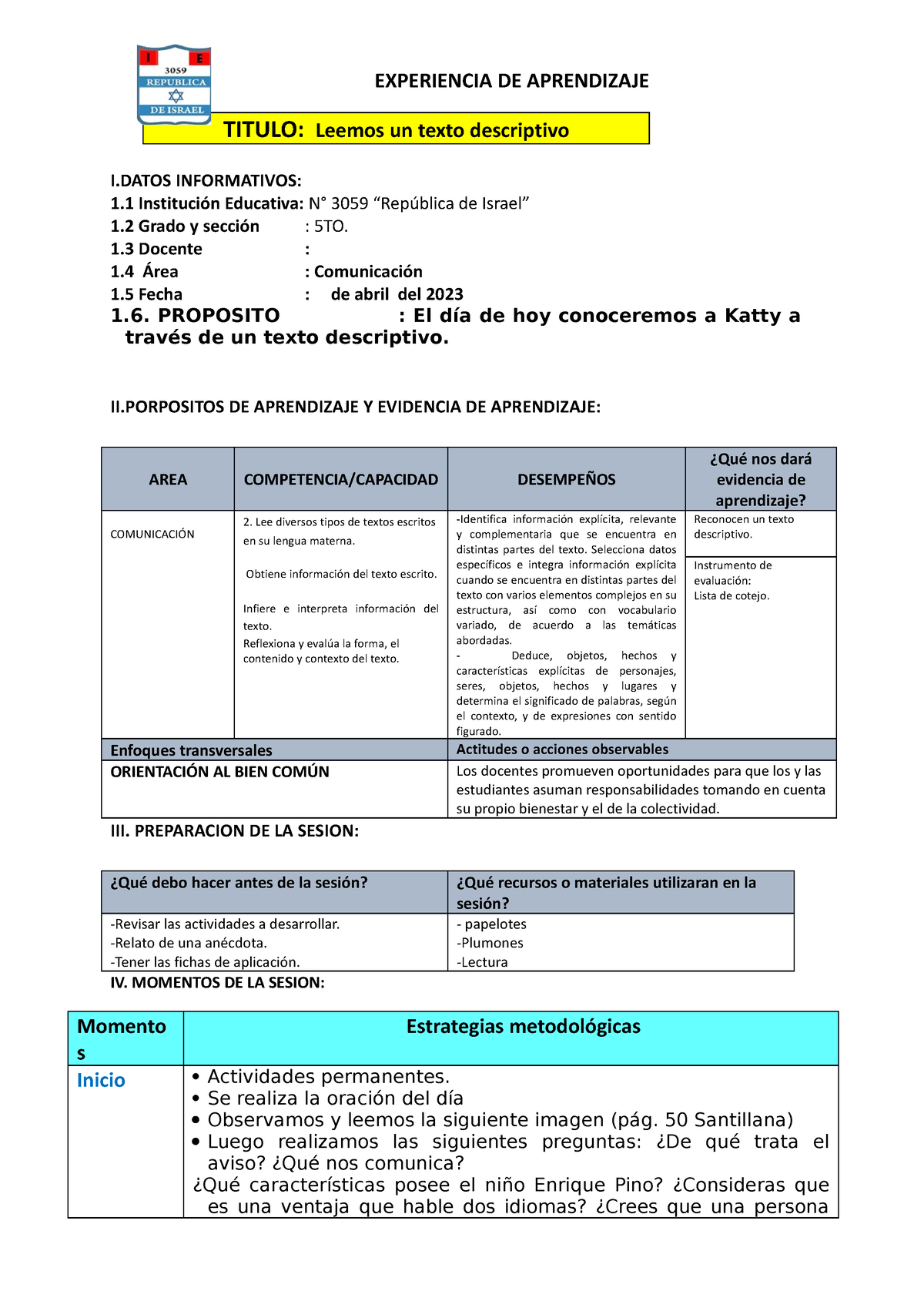 Sesión DE Comunicación Leemos Textos Descriptivos - EXPERIENCIA DE ...