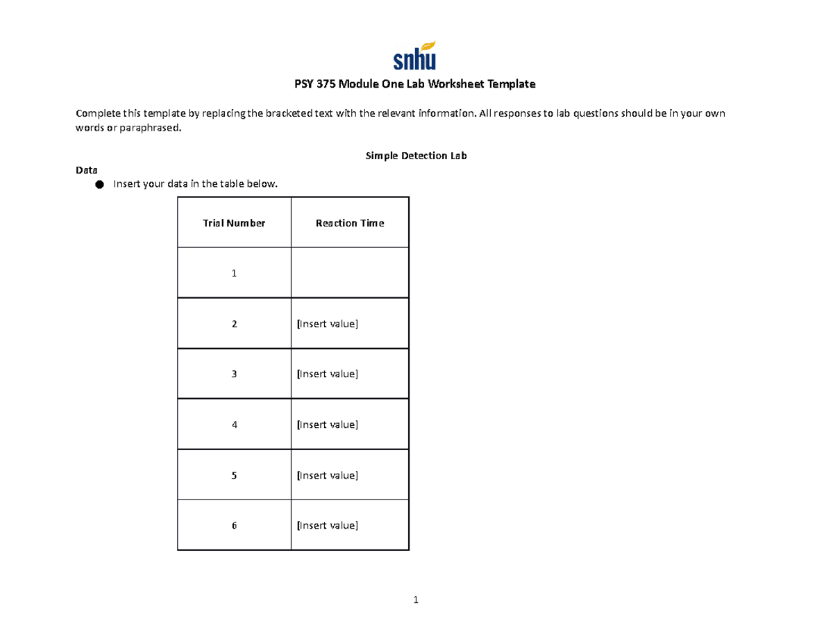 PSY 375 Module One Lab Worksheet Template - PSY 375 Module One Lab ...