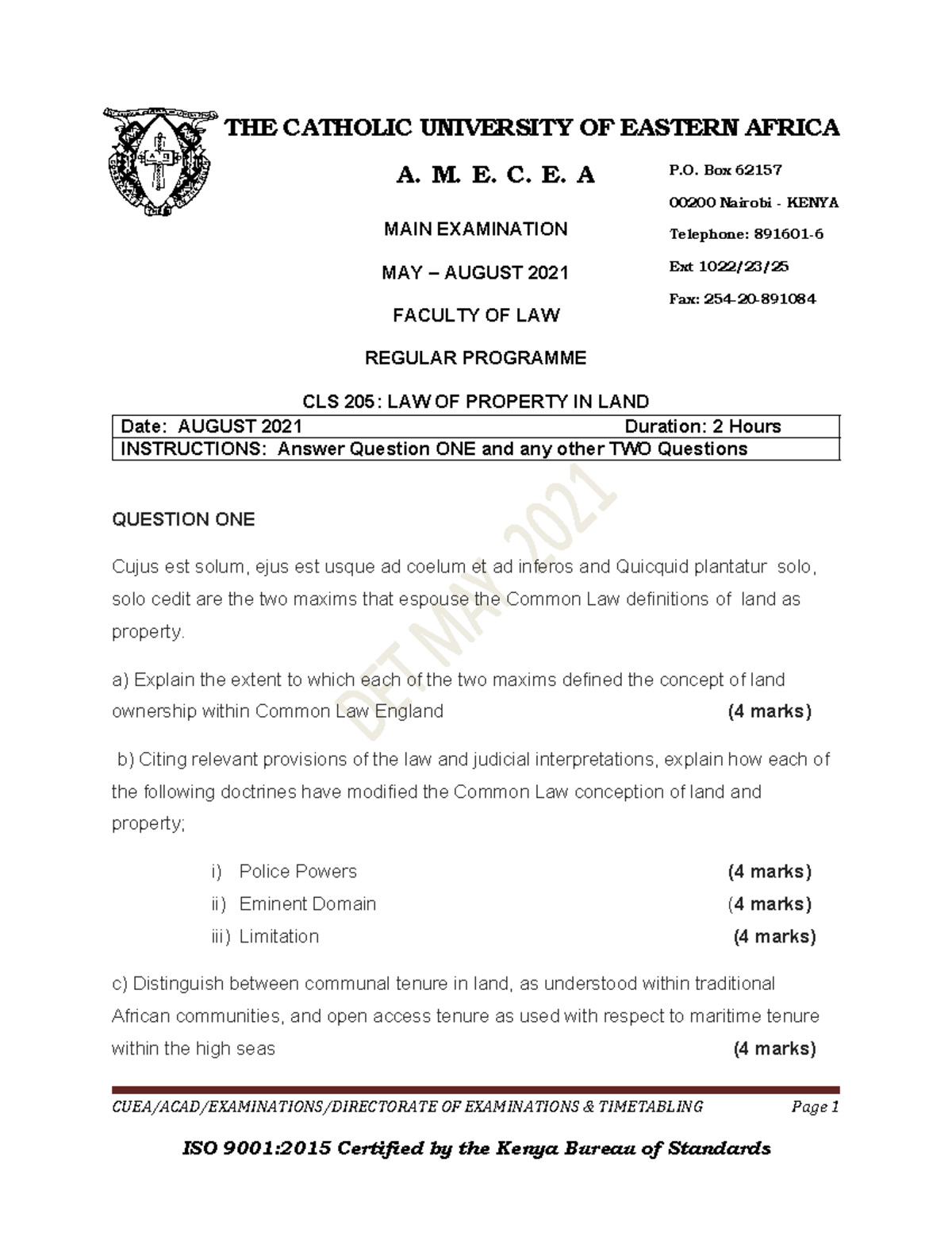 CLS 205 - Law study notes - THE CATHOLIC UNIVERSITY OF EASTERN AFRICA ...