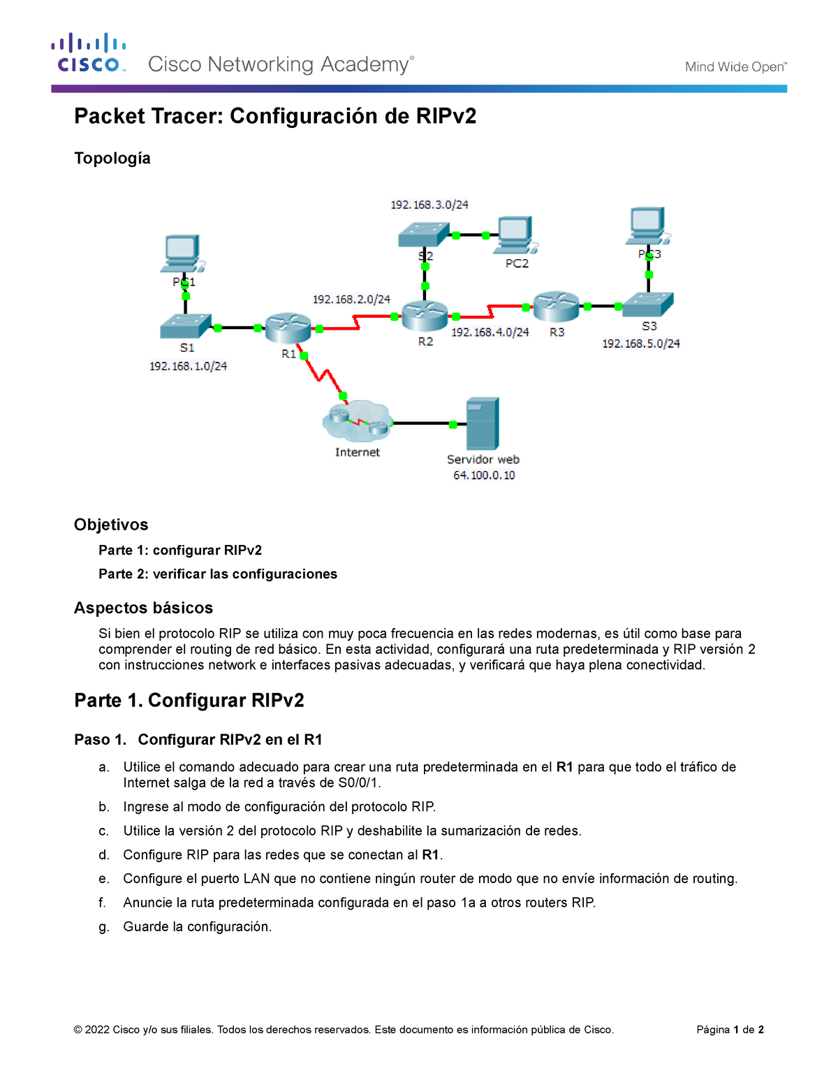 3.2.1.8 Packet Tracer - Configuring RIPv2 Instructions - Packet Tracer ...