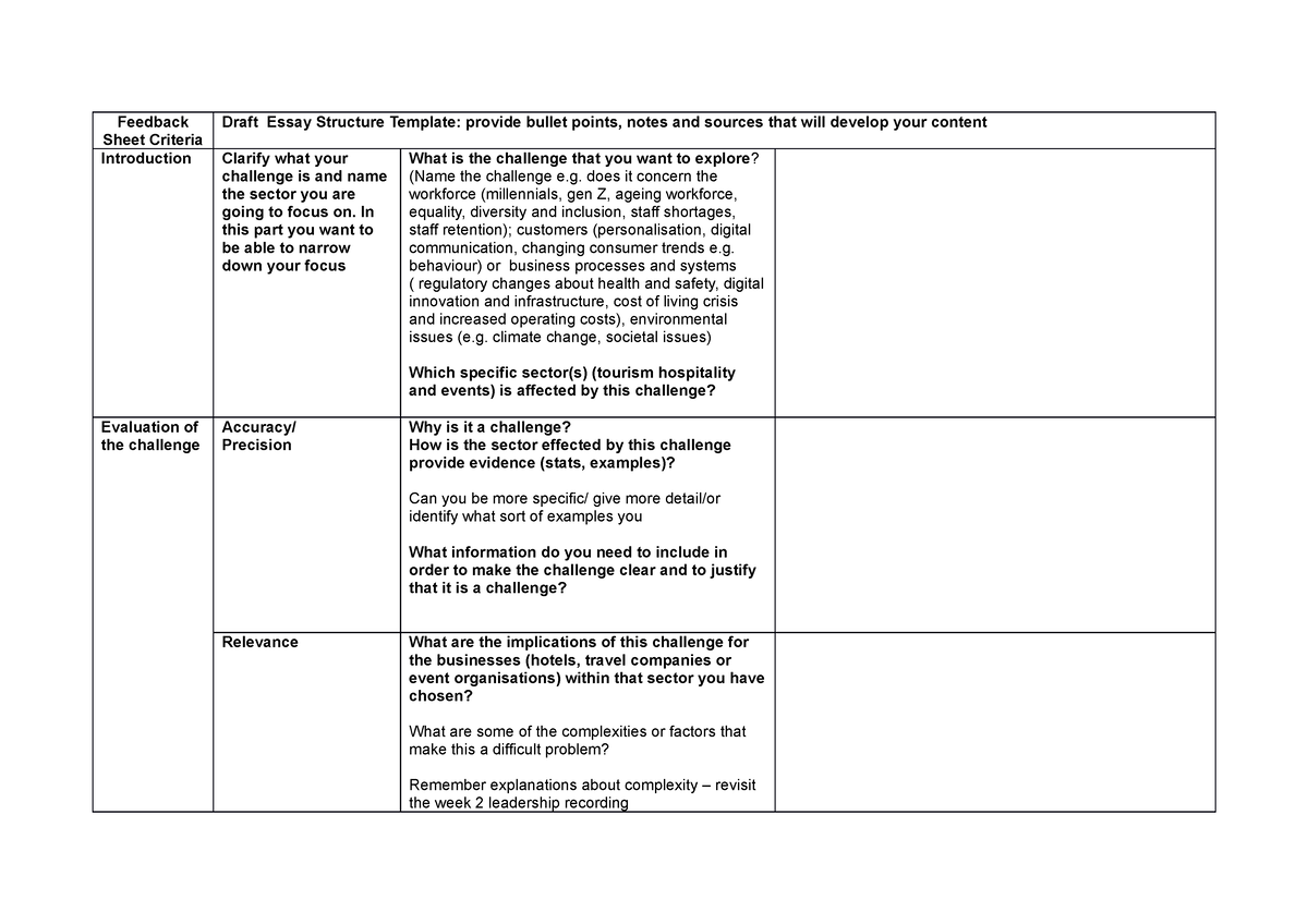 Draft Essay Structure Template - Feedback Sheet Criteria Draft Essay ...