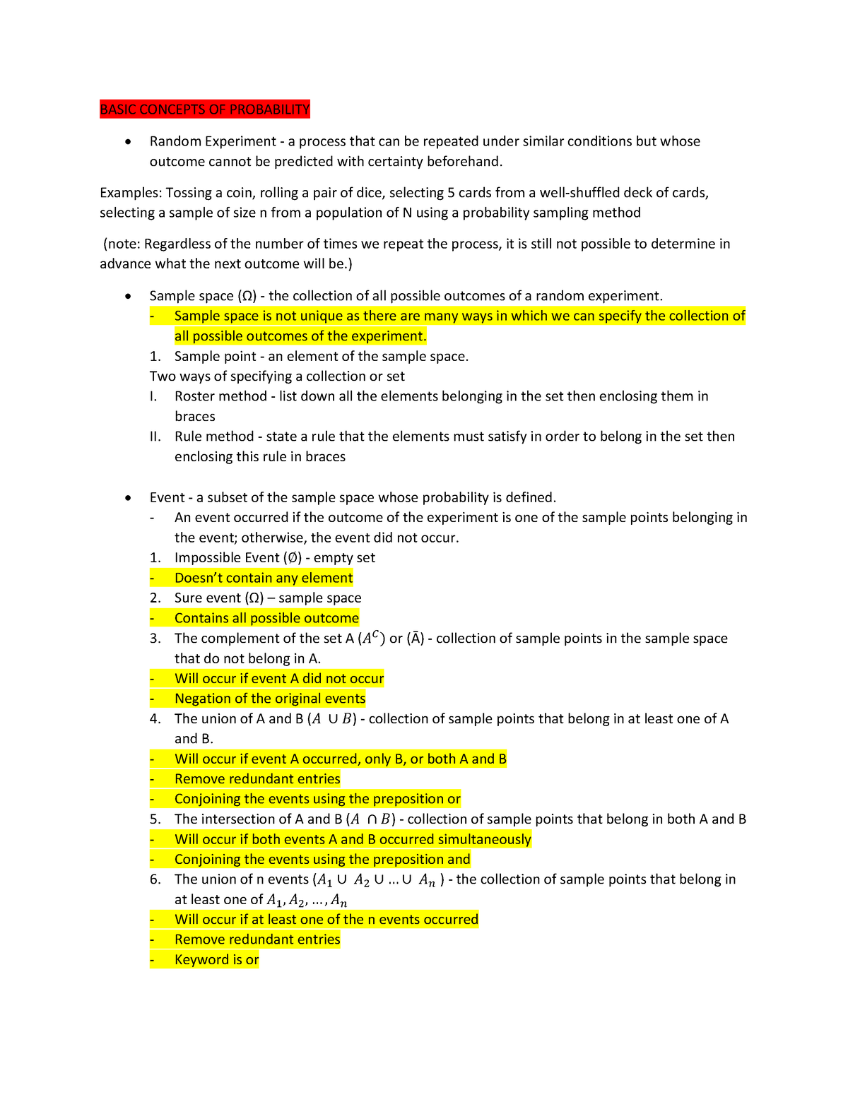 Chapter 5 - BASIC CONCEPTS OF PROBABILITY Random Experiment - a process ...