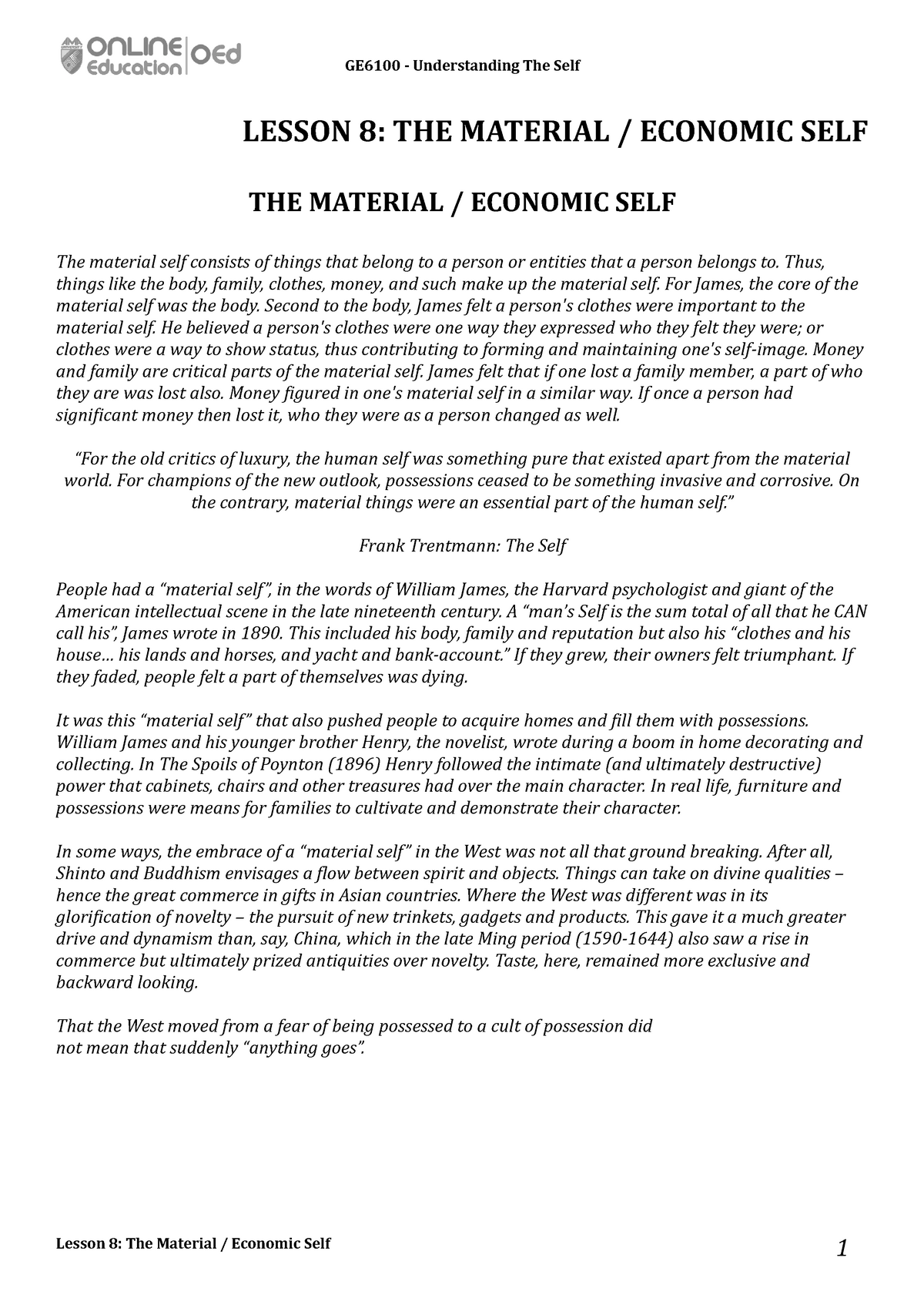 Lesson 8 The Material Economic Self GE6100 Understanding The Self 