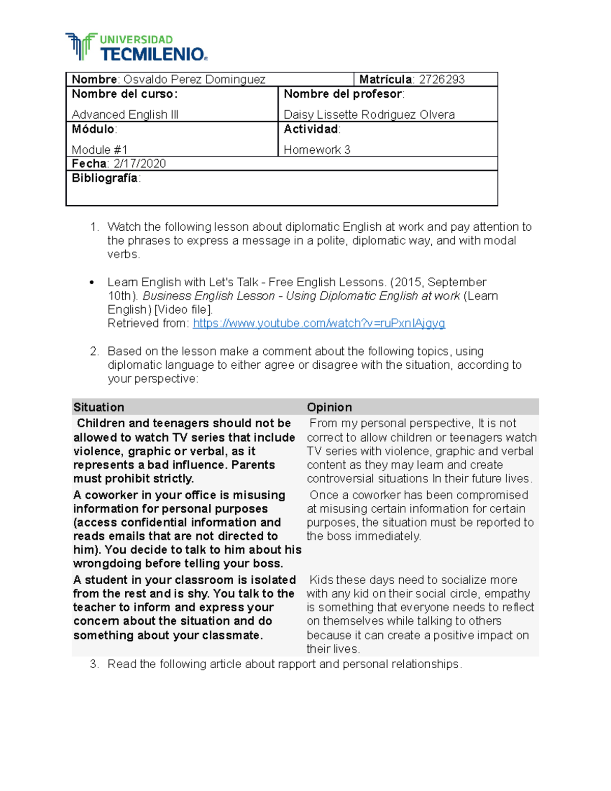Homework 3 Advanced English lll - Nombre : Osvaldo Perez Dominguez  Matrícula : 2726293 Nombre del - StuDocu