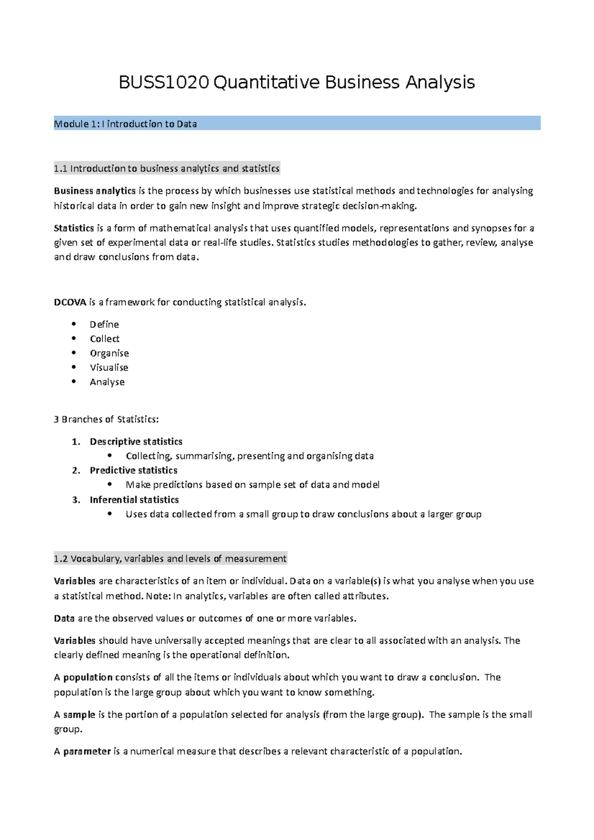 BUSS1020 Quantitative Business Analysis - Notes - BUSS1020 Quantitative ...