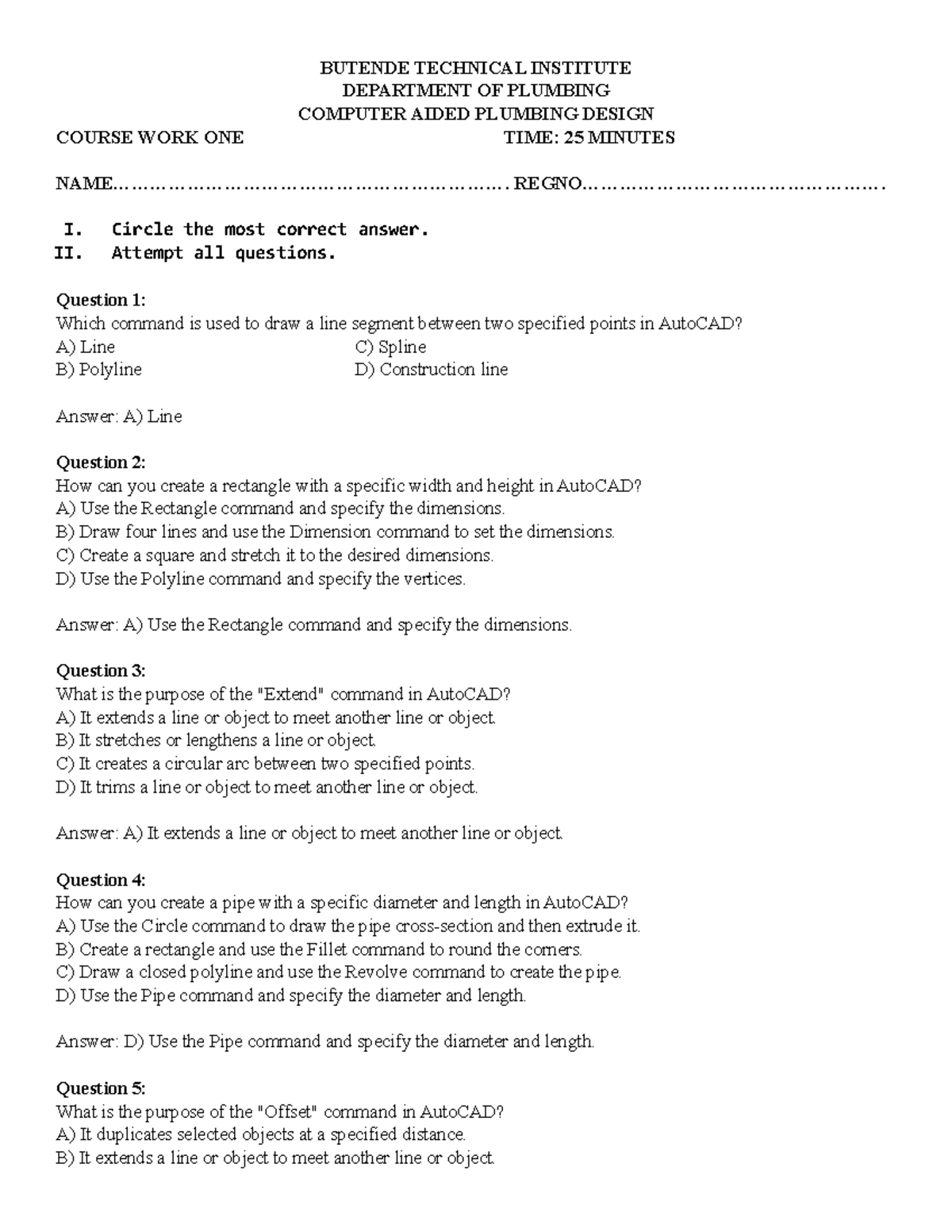 Autocad test - BUTENDE TECHNICAL INSTITUTE DEPARTMENT OF PLUMBING ...