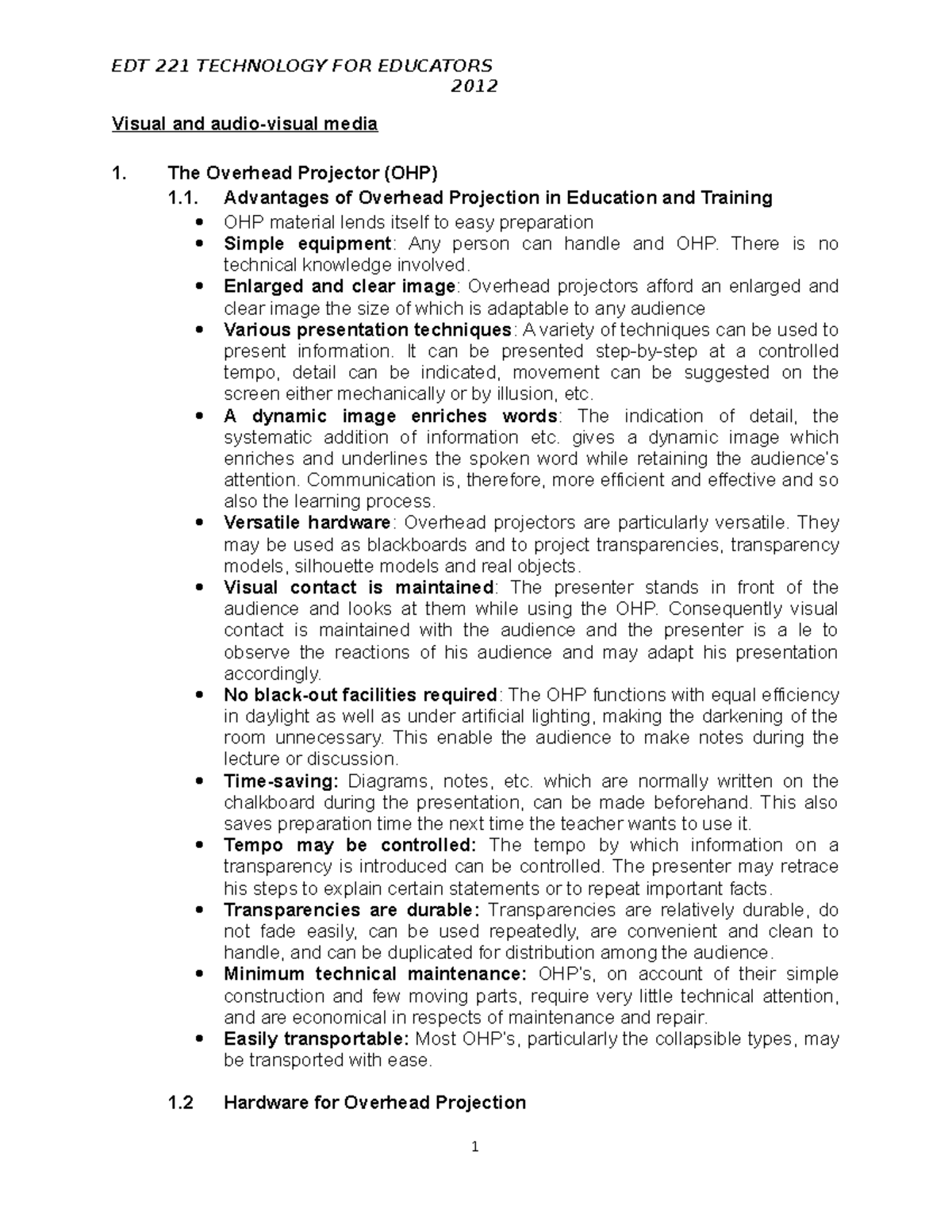 Audiovisual aids OHP 2012 Visual and audiovisual media The Overhead Projector (OHP