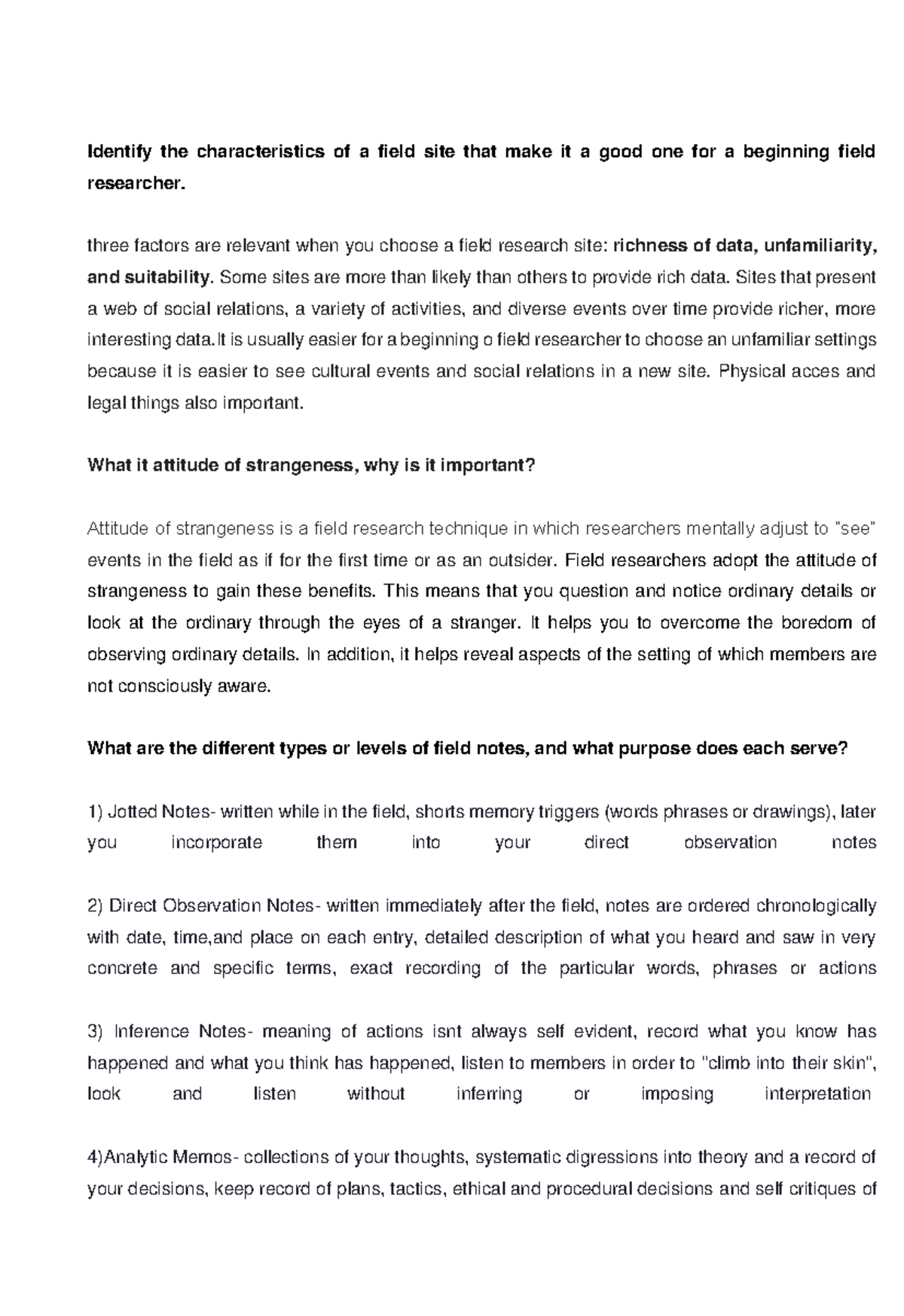 Field Research Questions Identify the characteristics of a field site