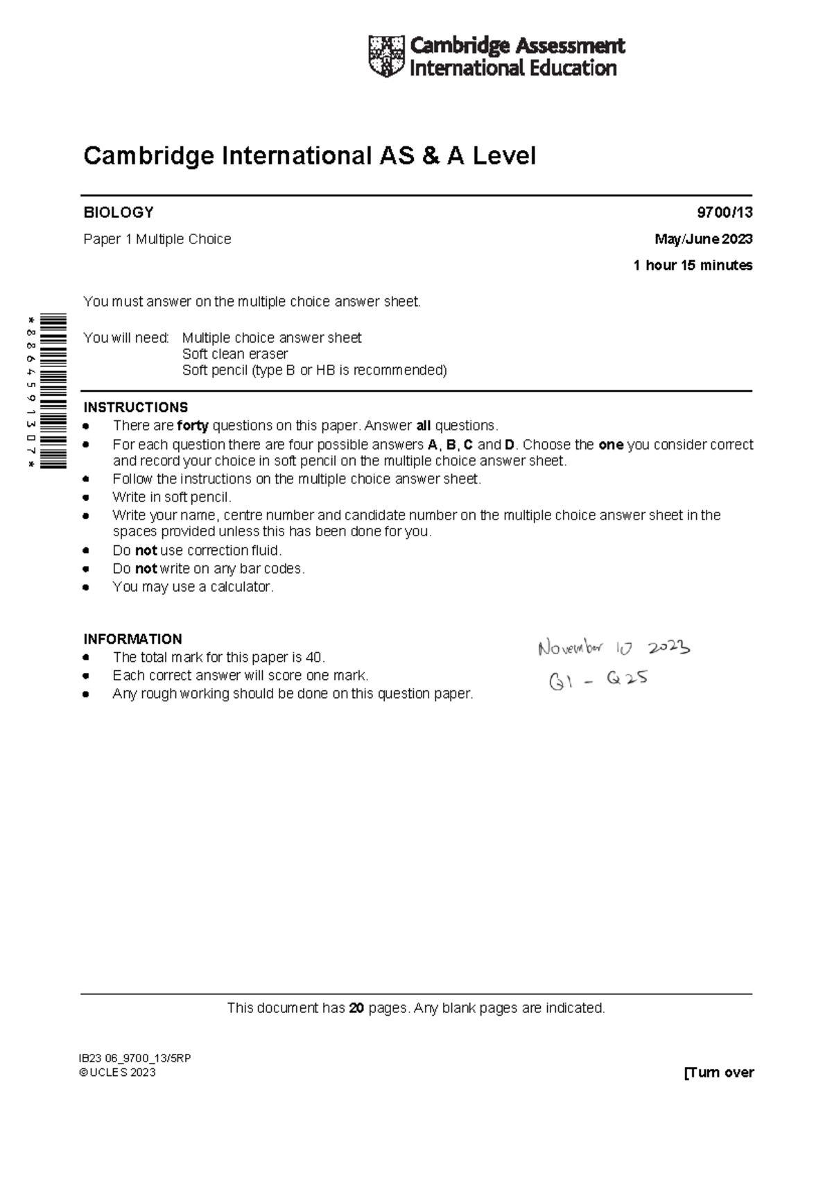 9700 s23 qp 13 - This document has 20 pages. Any blank pages are ...