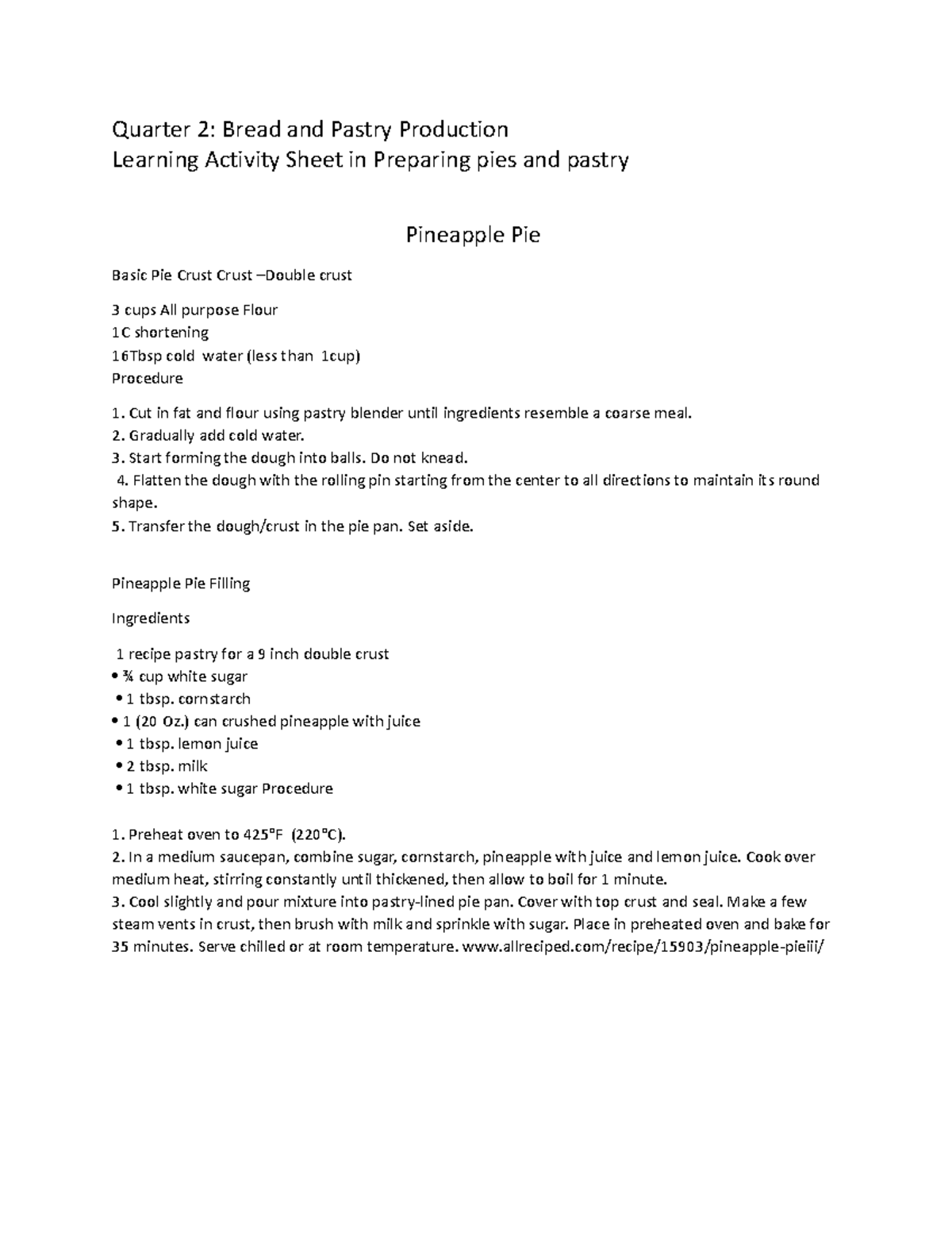 LAS Pastries Pineapple Pie Quarter 2 Bread and Pastry Production